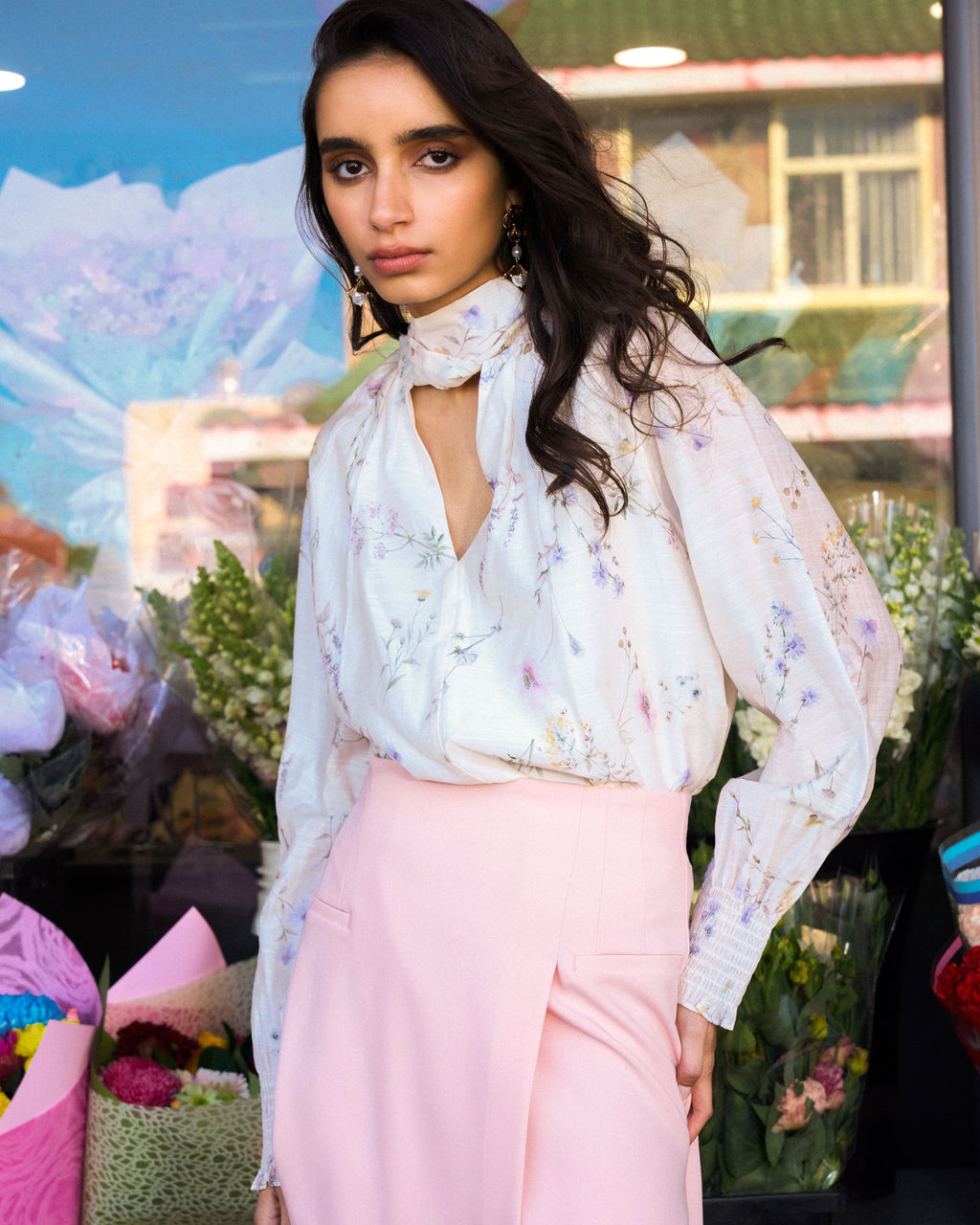 Aurae Floral Tie Blouse in ivory floral — alternate view
