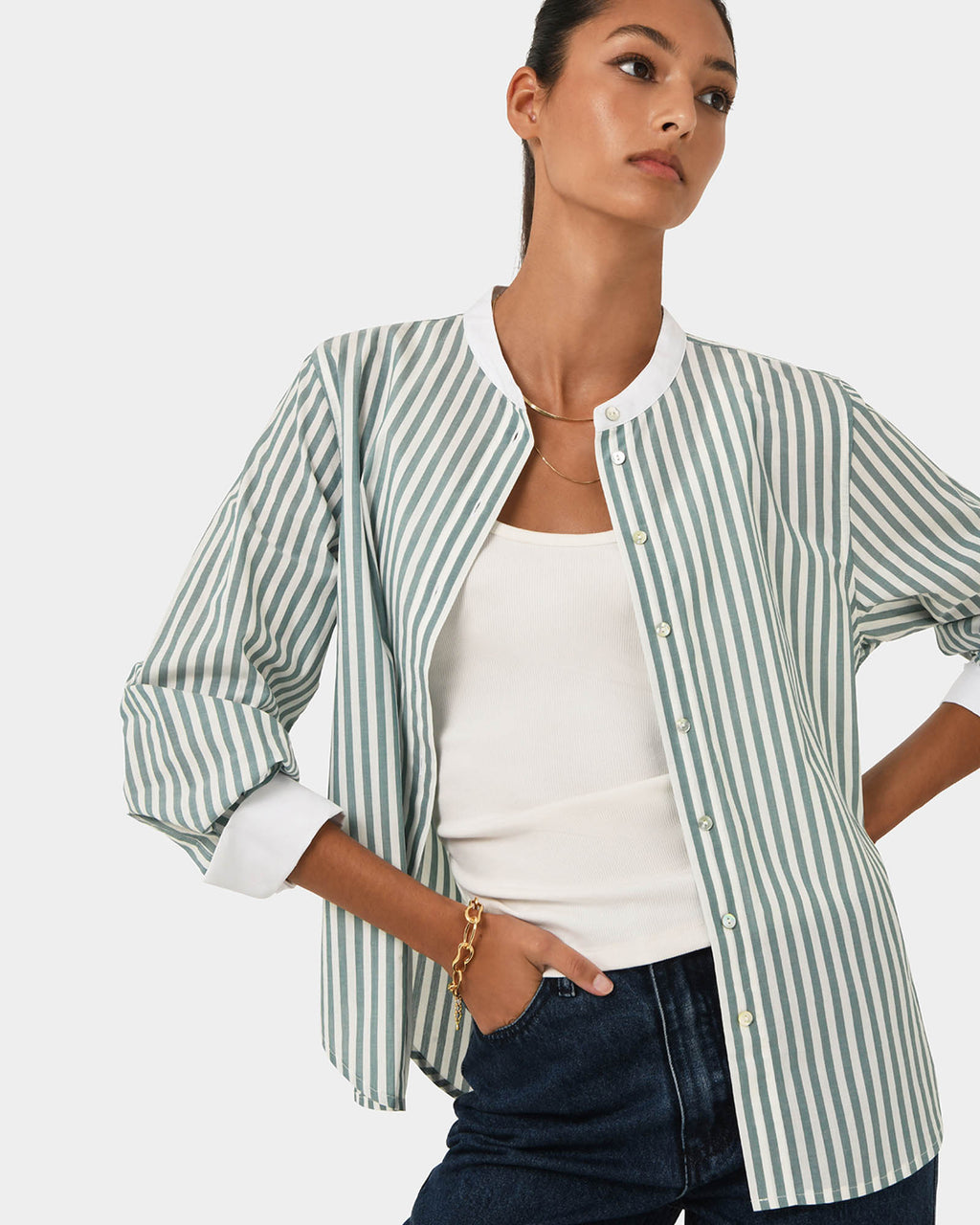 Melie Cotton Stripe Shirt in mint stripe — close-up view