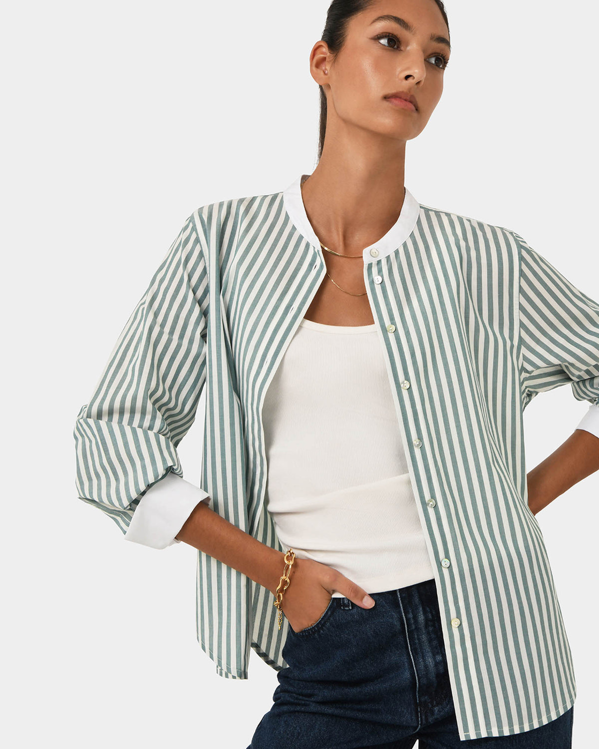 Melie Cotton Stripe Shirt in mint stripe — close-up view