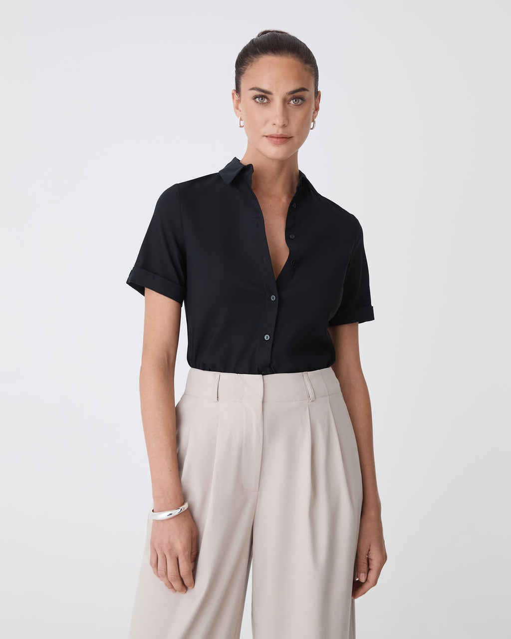 Morgan Short Sleeve Cuff Shirt in black — close-up view