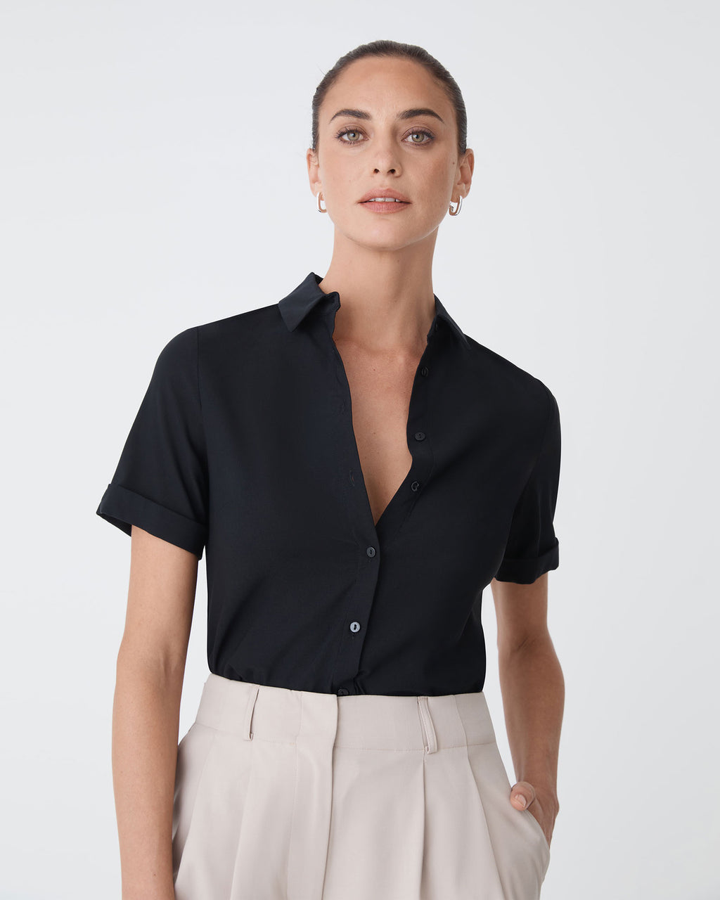 Morgan Short Sleeve Cuff Shirt in black — close-up view 2
