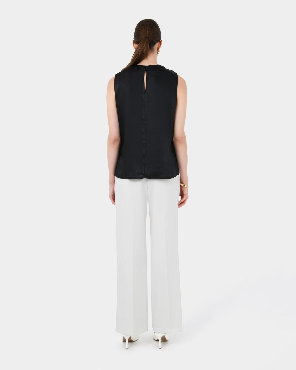 Louisa Round Neck Satin Top in black — back view