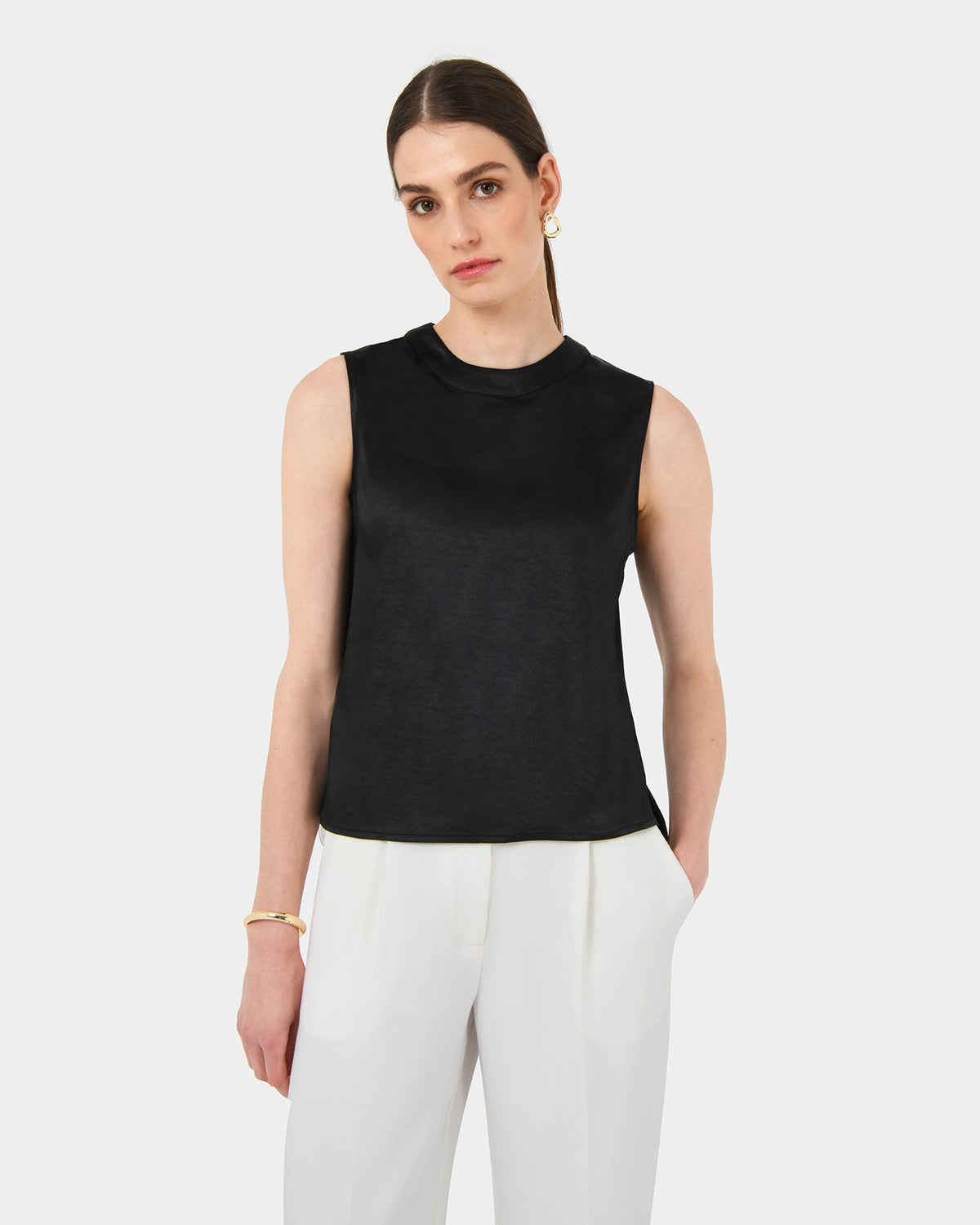 Louisa Round Neck Satin Top in black — close-up view