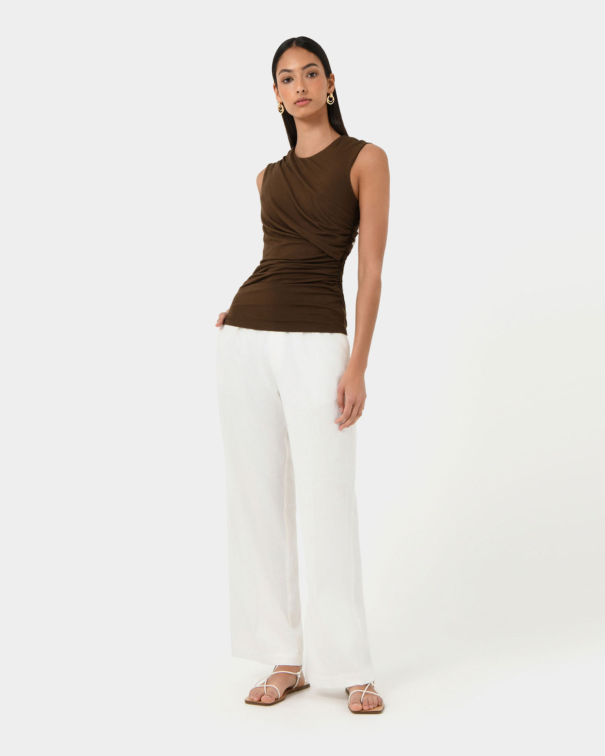 Mia Ruched Jersey Top in chocolate — full-length view