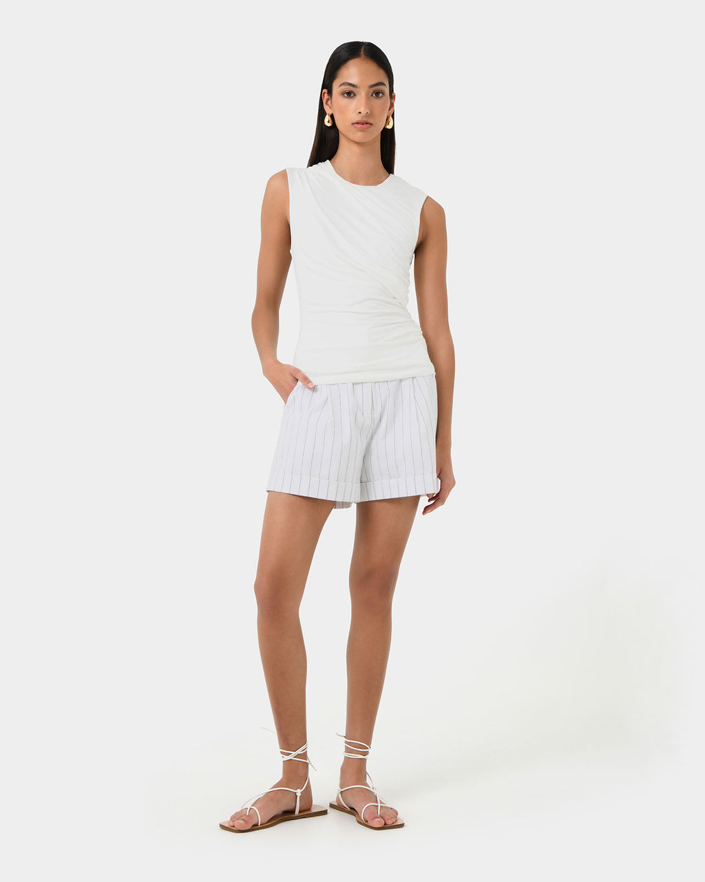 Mia Ruched Jersey Top in ivory — full-length view