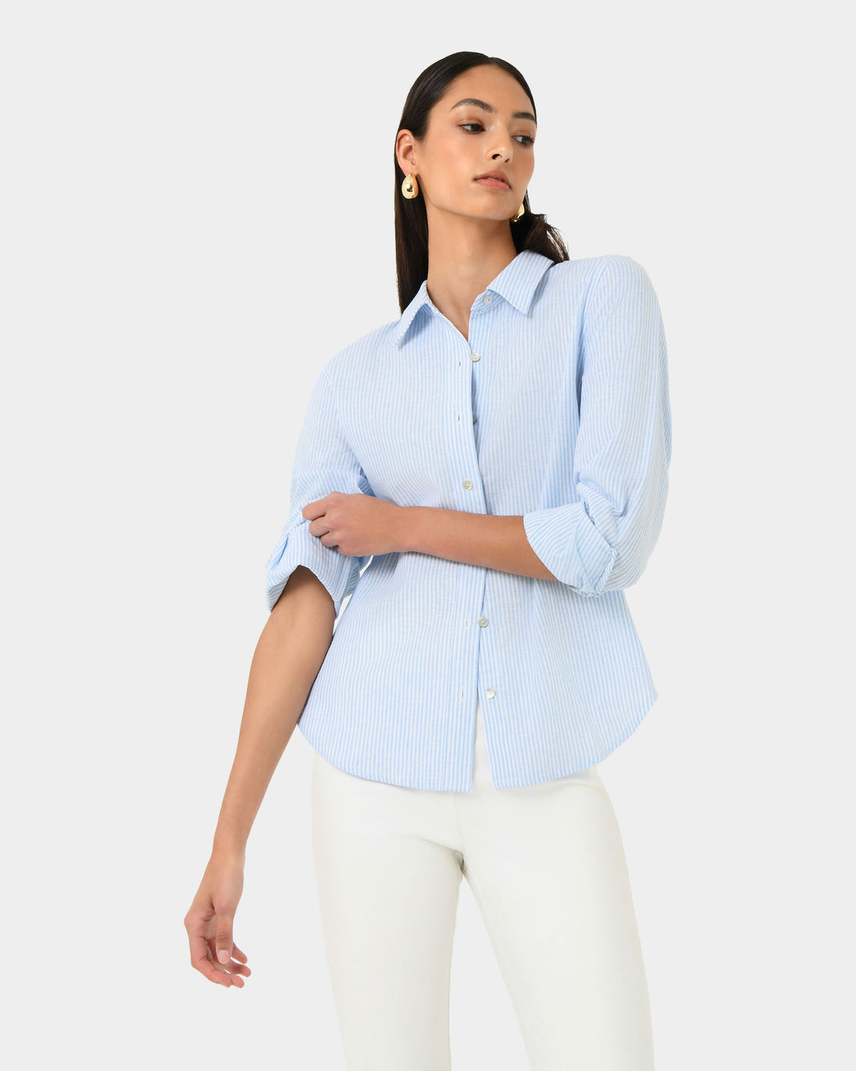 Sam Linen Relaxed Shirt in blue stripe — close-up view
