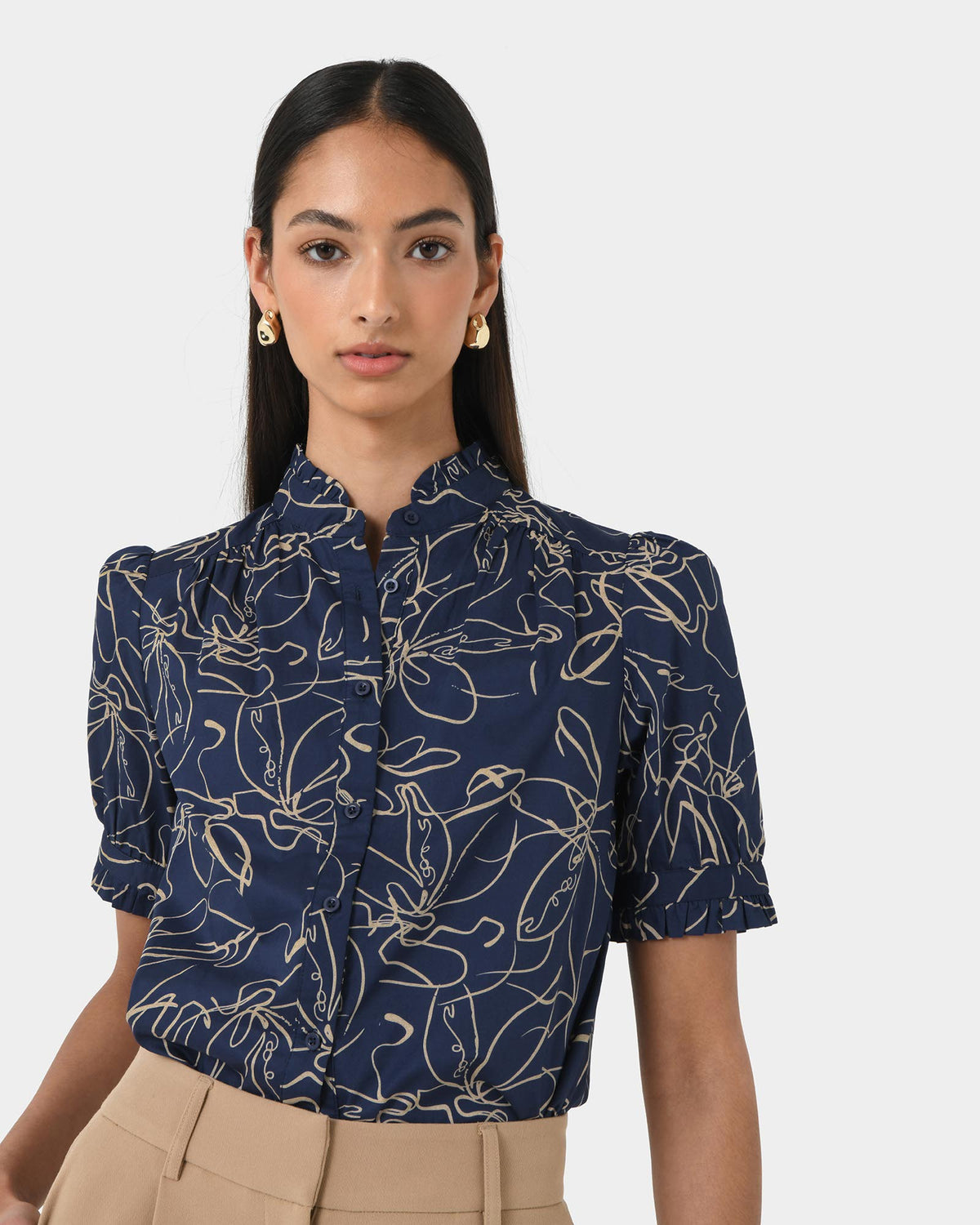 Leen Gathered Blouse in organic navy — view 2