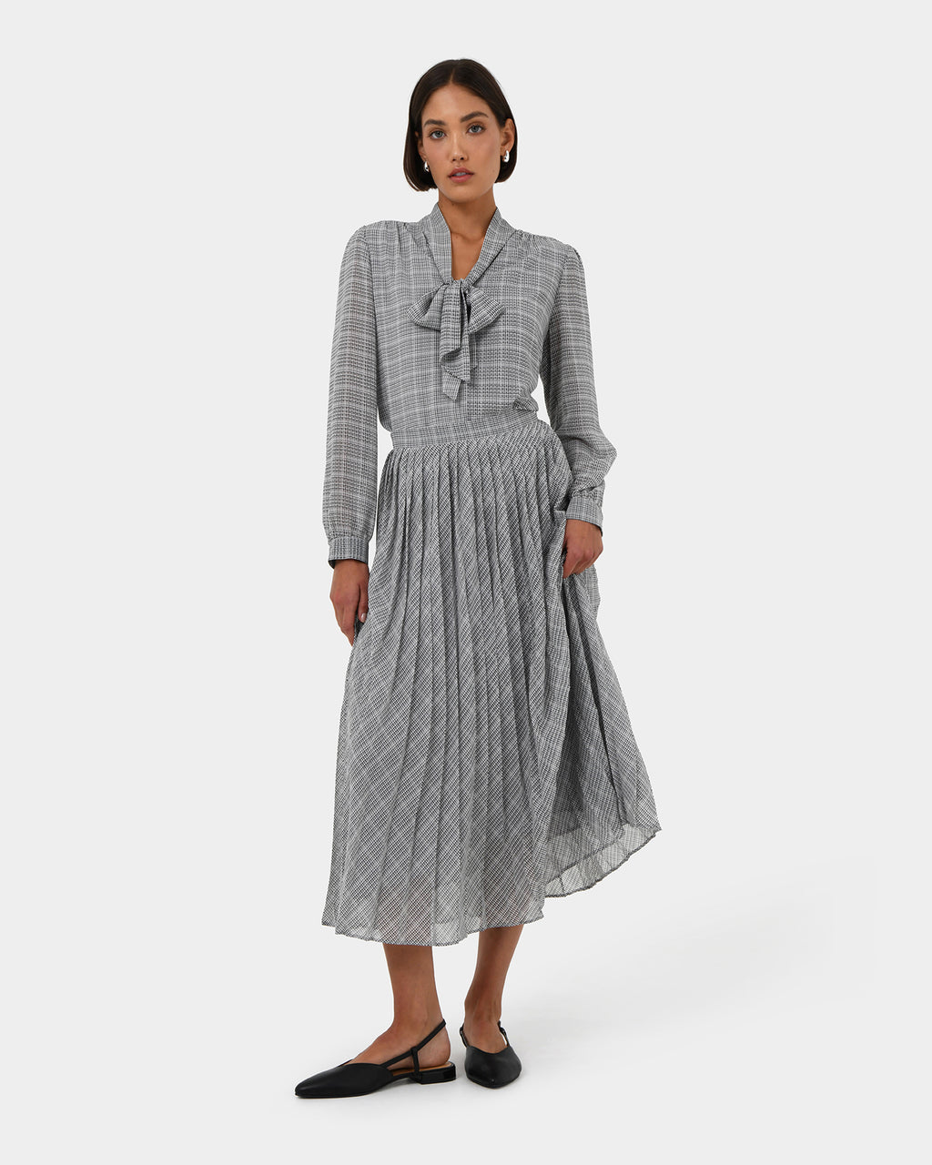 Kara V-Neck Tie Blouse in ivory black — full-length view 2