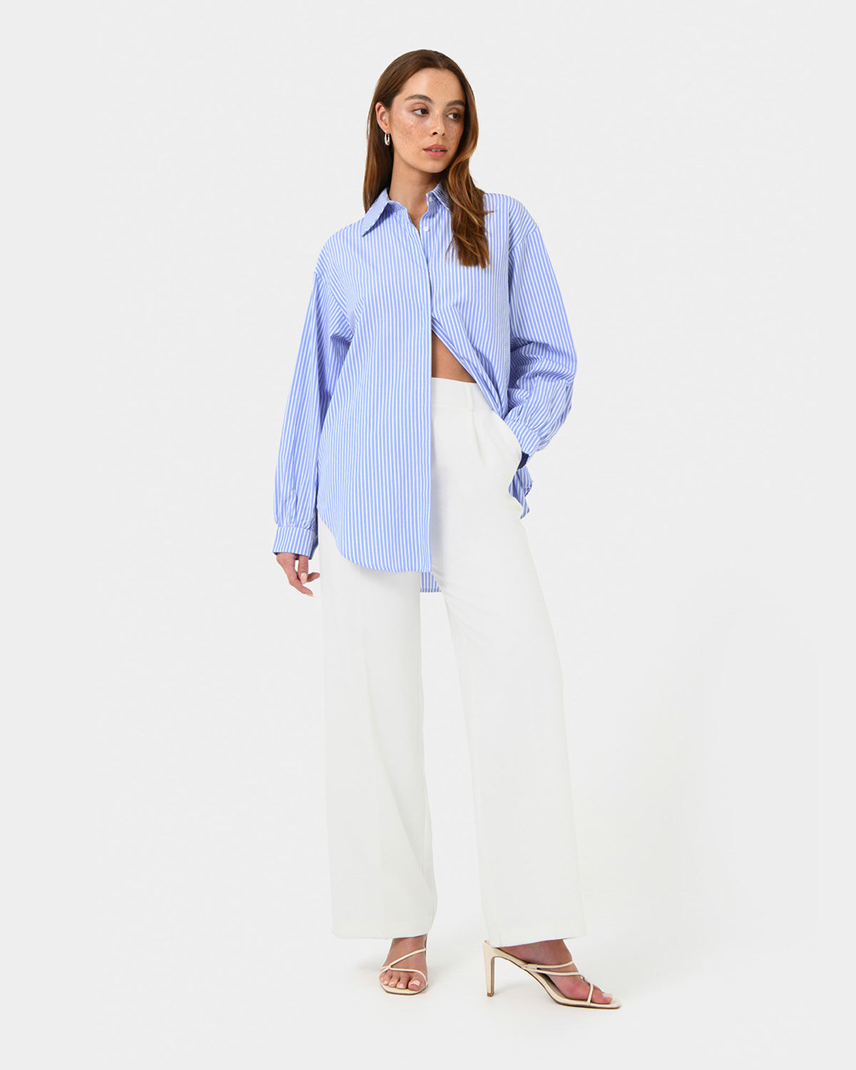 Piper Stripe Shirt in blue ivory — full-length view