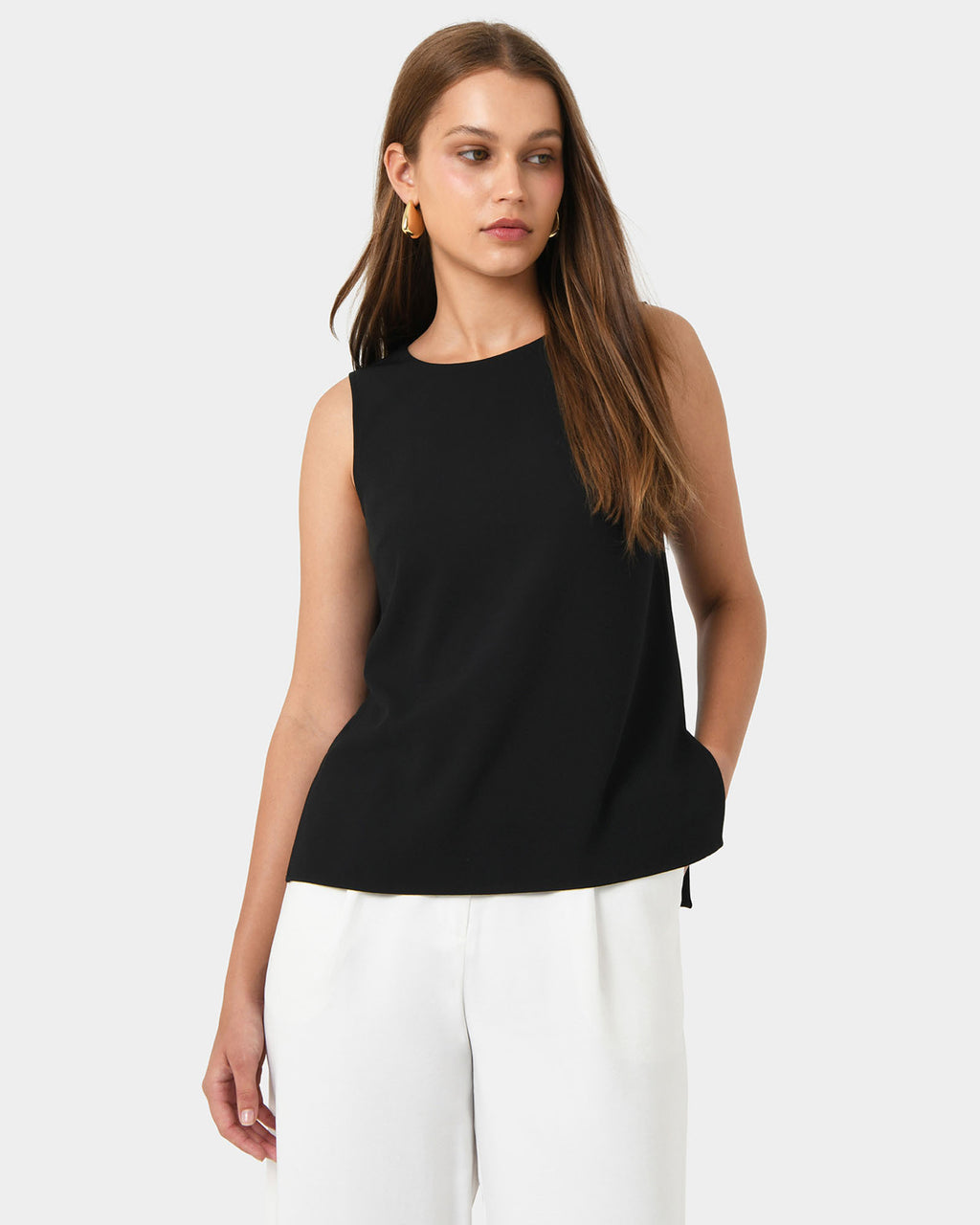 Tess Round Neck Top in black — close-up view