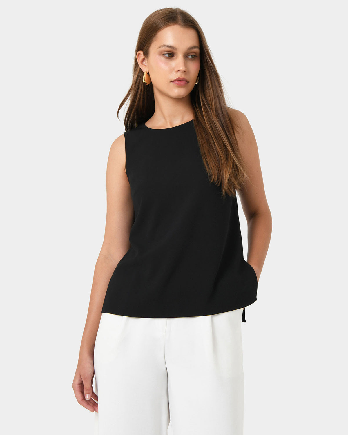 Tess Round Neck Top in black — close-up view