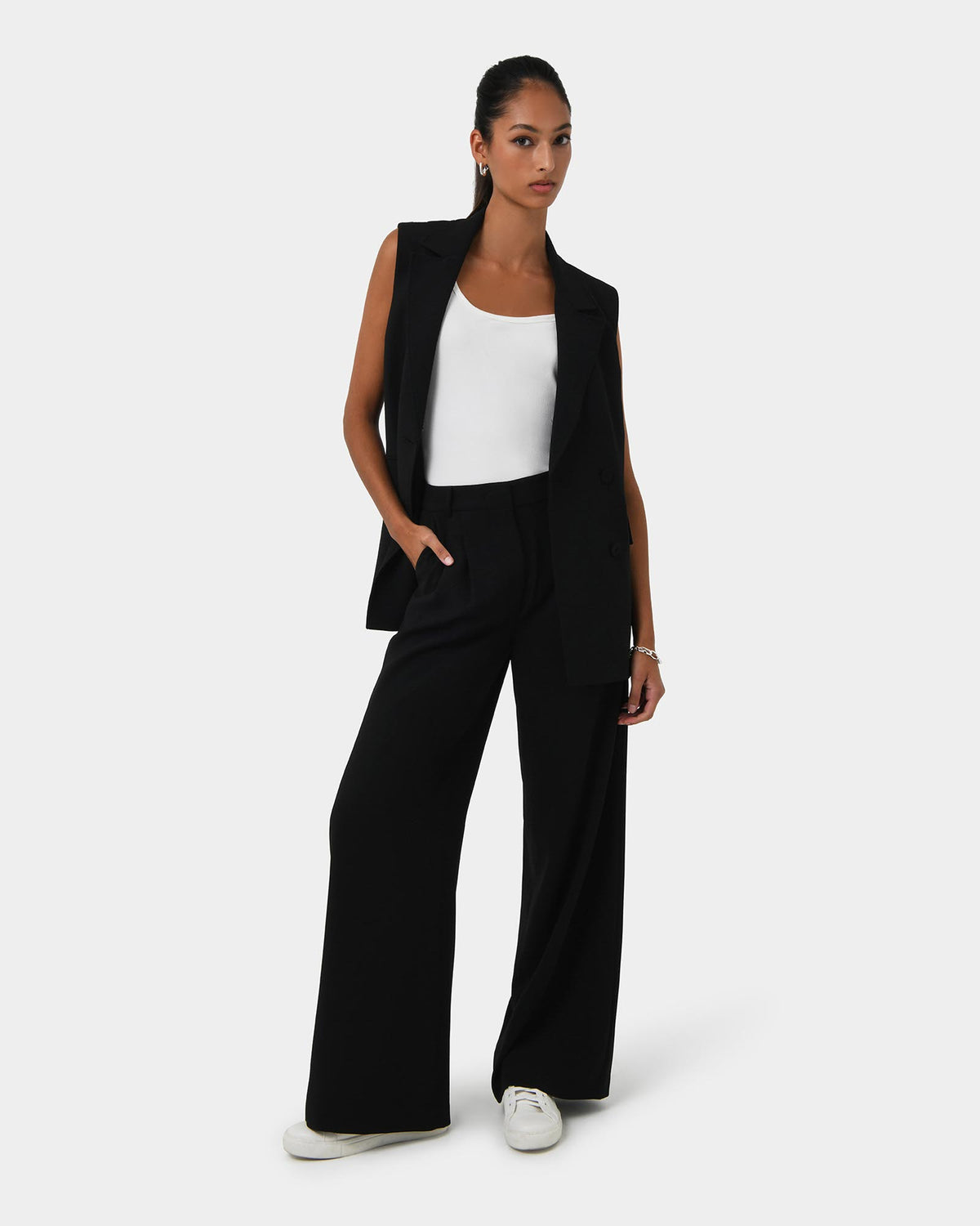 Rumy Double Breasted Vest in black — full-length view