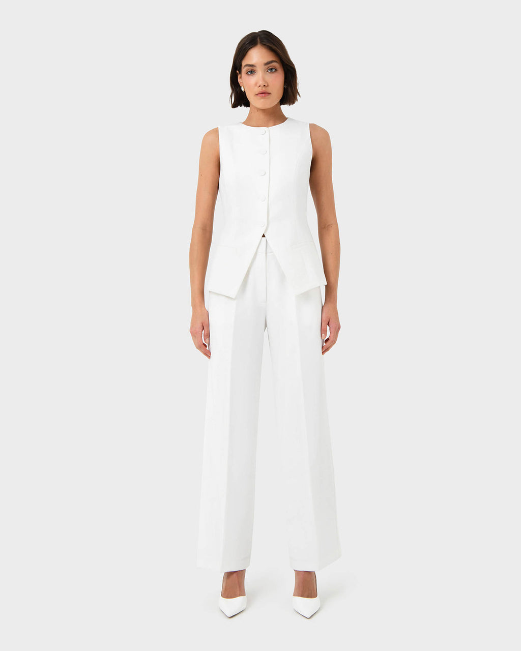 Sofia Longline Vest in ivory — full-length view