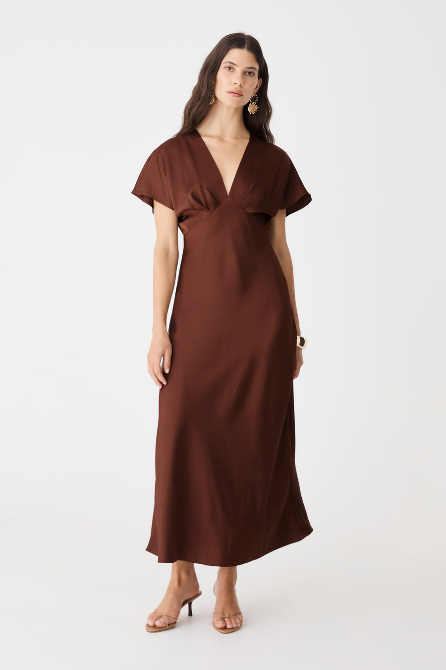 Catalina V-Neck Satin Dress in brick, front view of midi dress with batwing sleeves and fitted waist