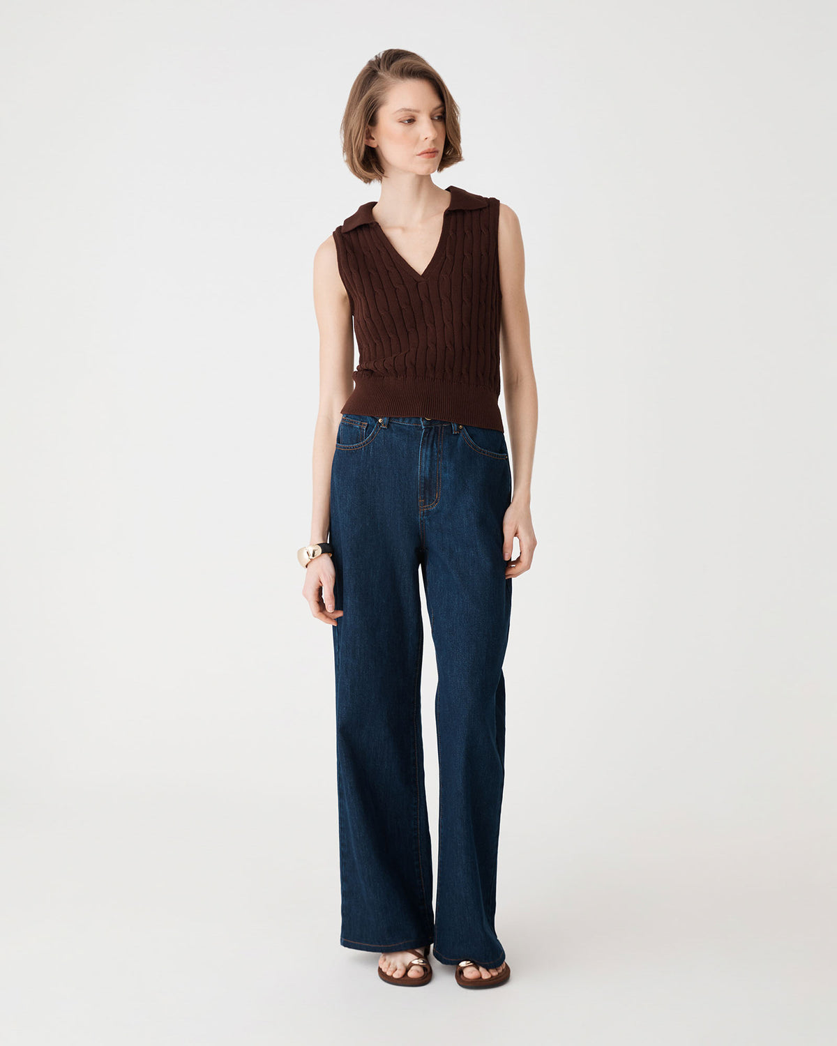 Erin Collared Cable Knit Top in chocolate — view 2