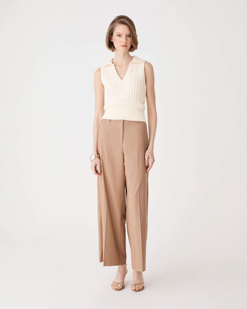 Erin Collared Cable Knit Top in cream — full-length view