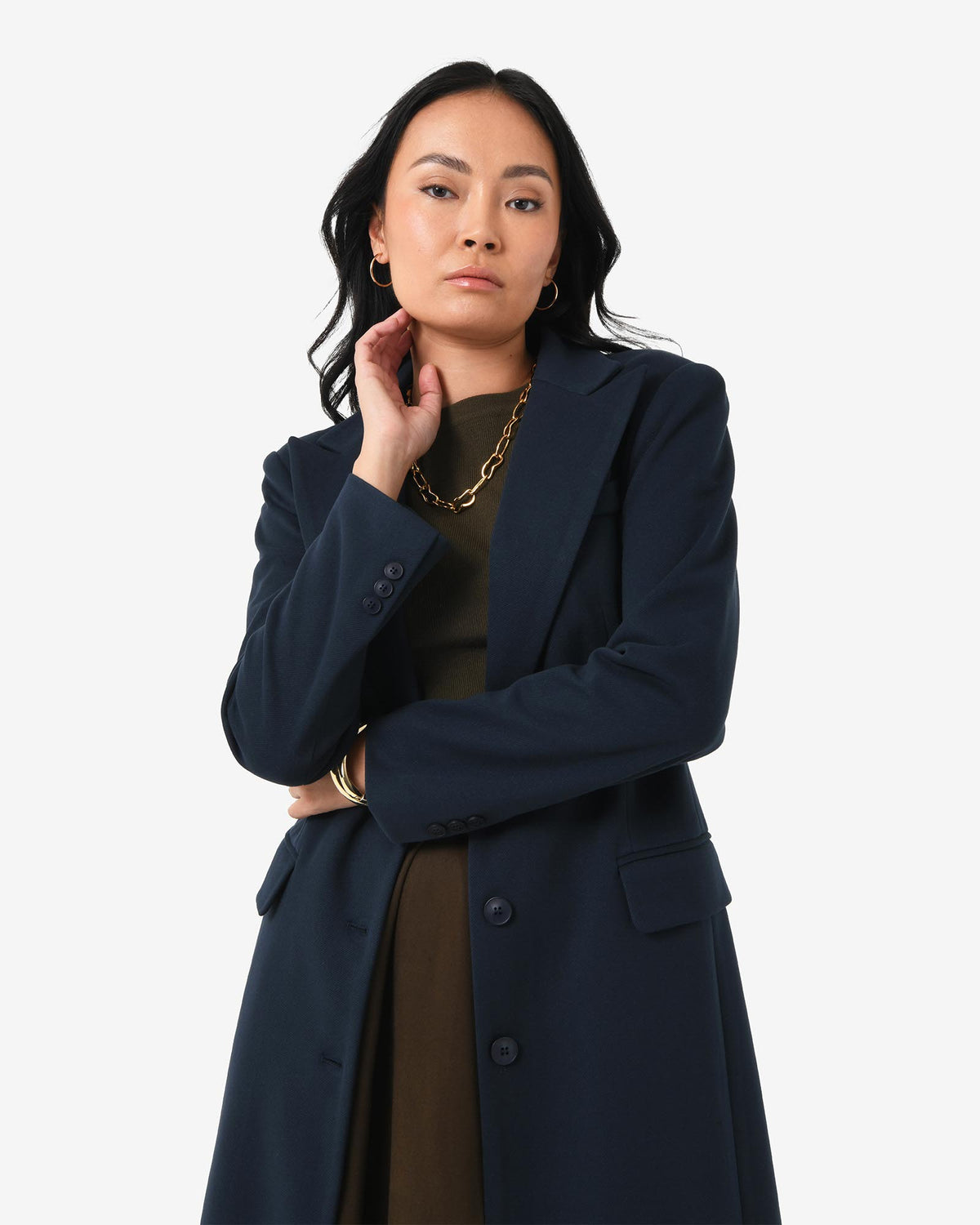 Cassandra Tailored Coat in navy — close-up view 3