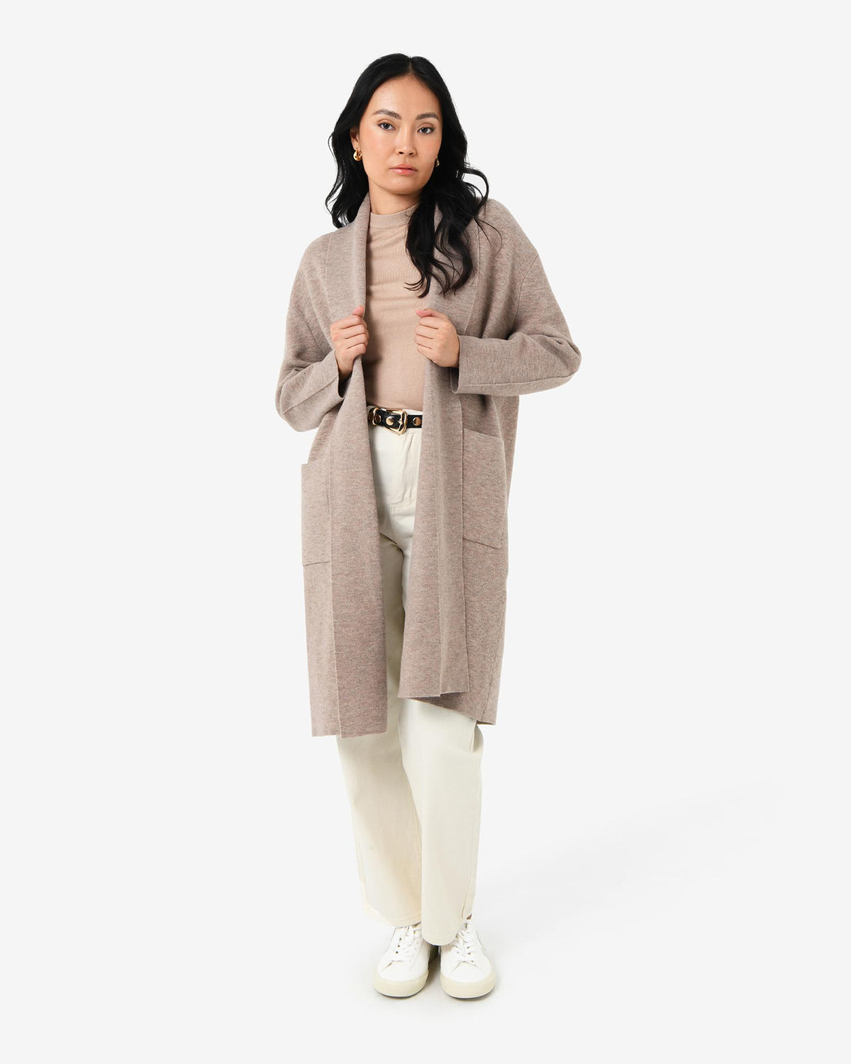 Yara Wool Blend Coatigan in beige — full-length view