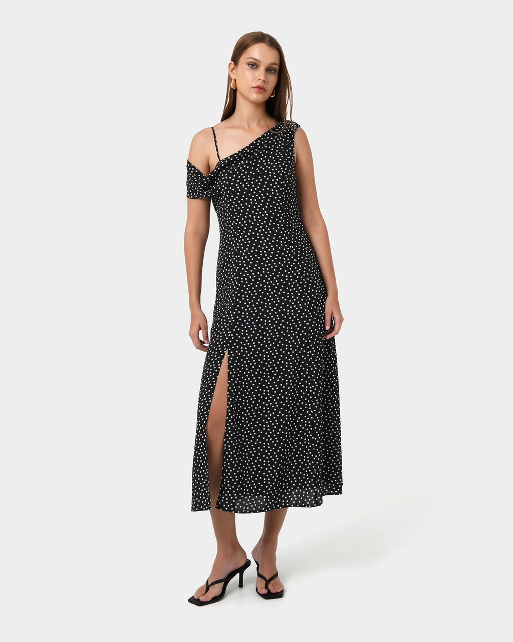 Jules Asymmetric Maxi Dress in polka dot — full-length view 2