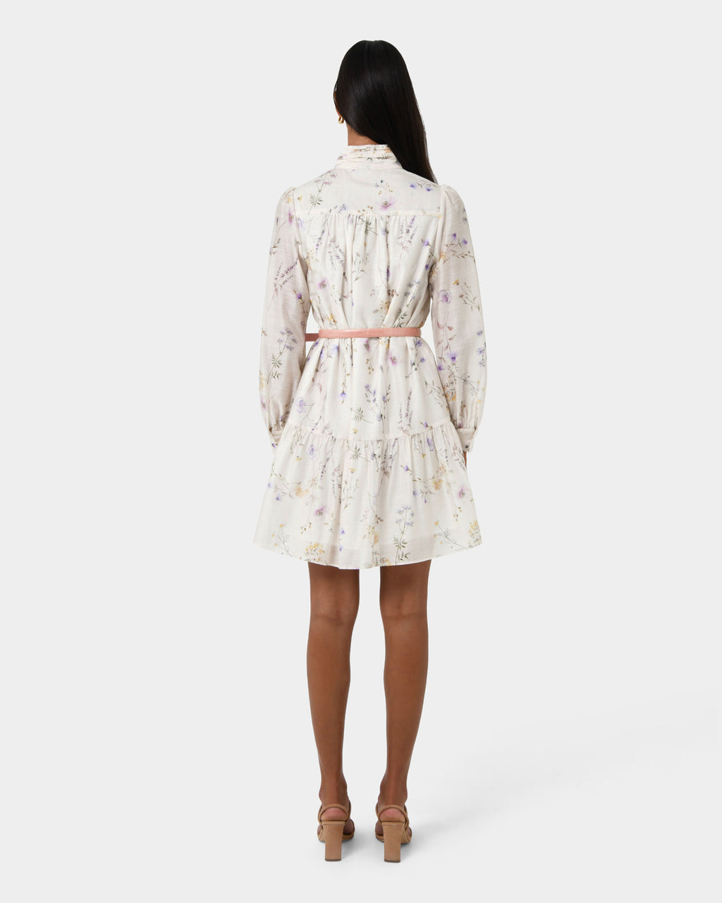 Aurae Floral Tiered Dress in ivory floral — back view
