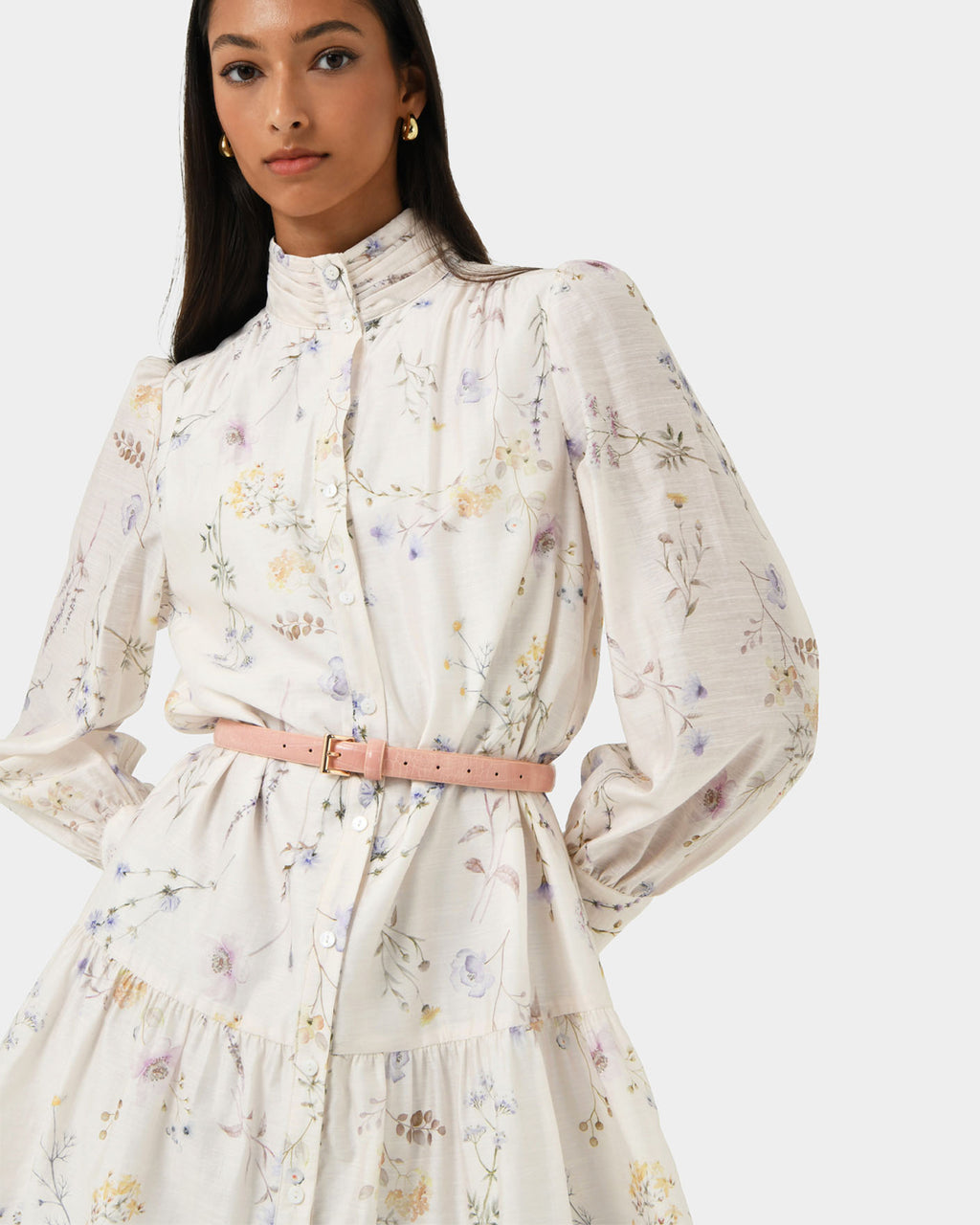 Aurae Floral Tiered Dress in ivory floral — close-up view