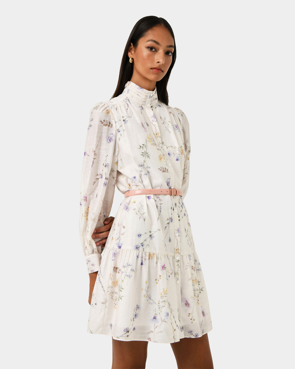 Aurae Floral Tiered Dress in ivory floral — side view