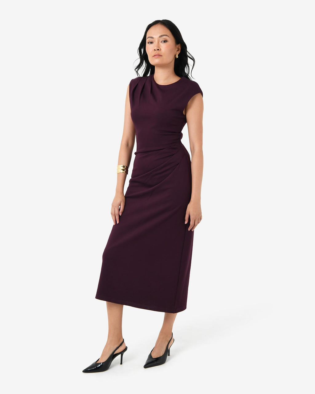 Adele Pleated Midi Dress in mulberry — full-length view 2