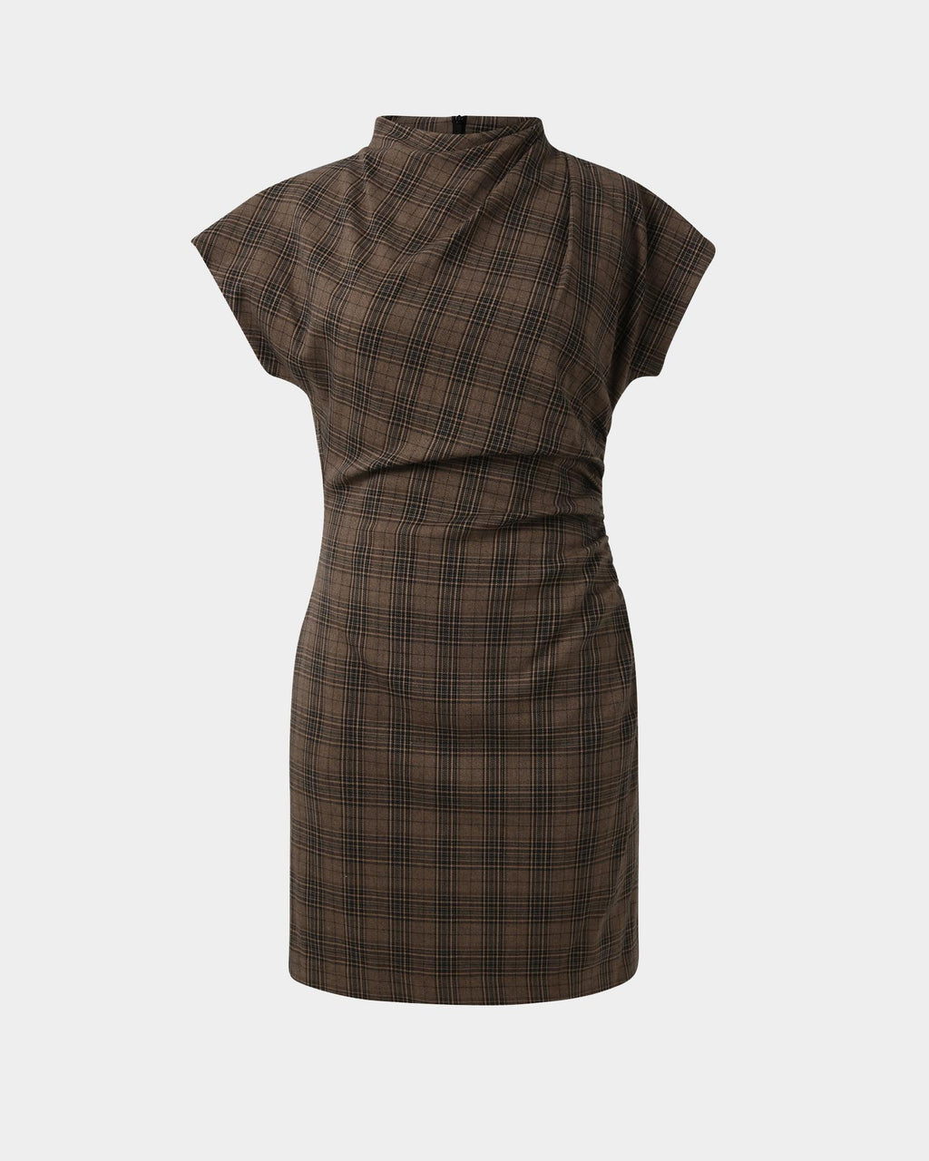 Candice Ruched Mini Dress in brown checks — product-only view