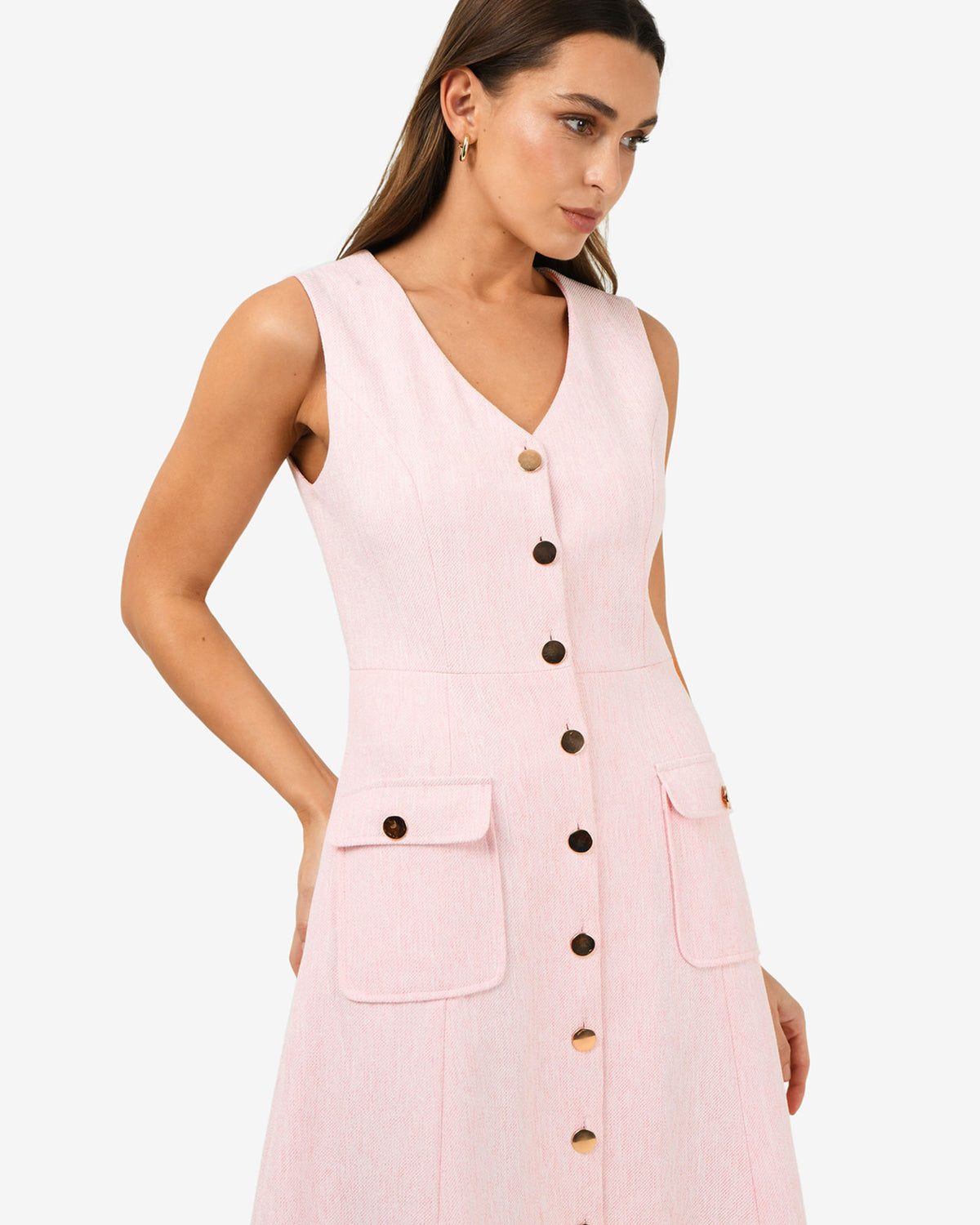 Valena Tweed Midi Dress in pastel pink — close-up view