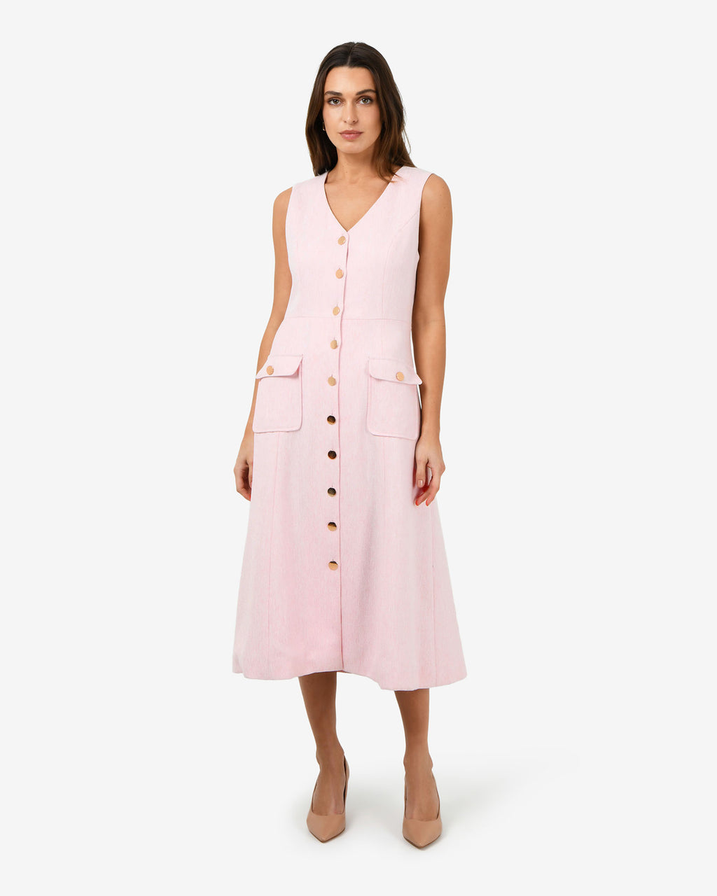 Valena Tweed Midi Dress in pastel pink — full-length view
