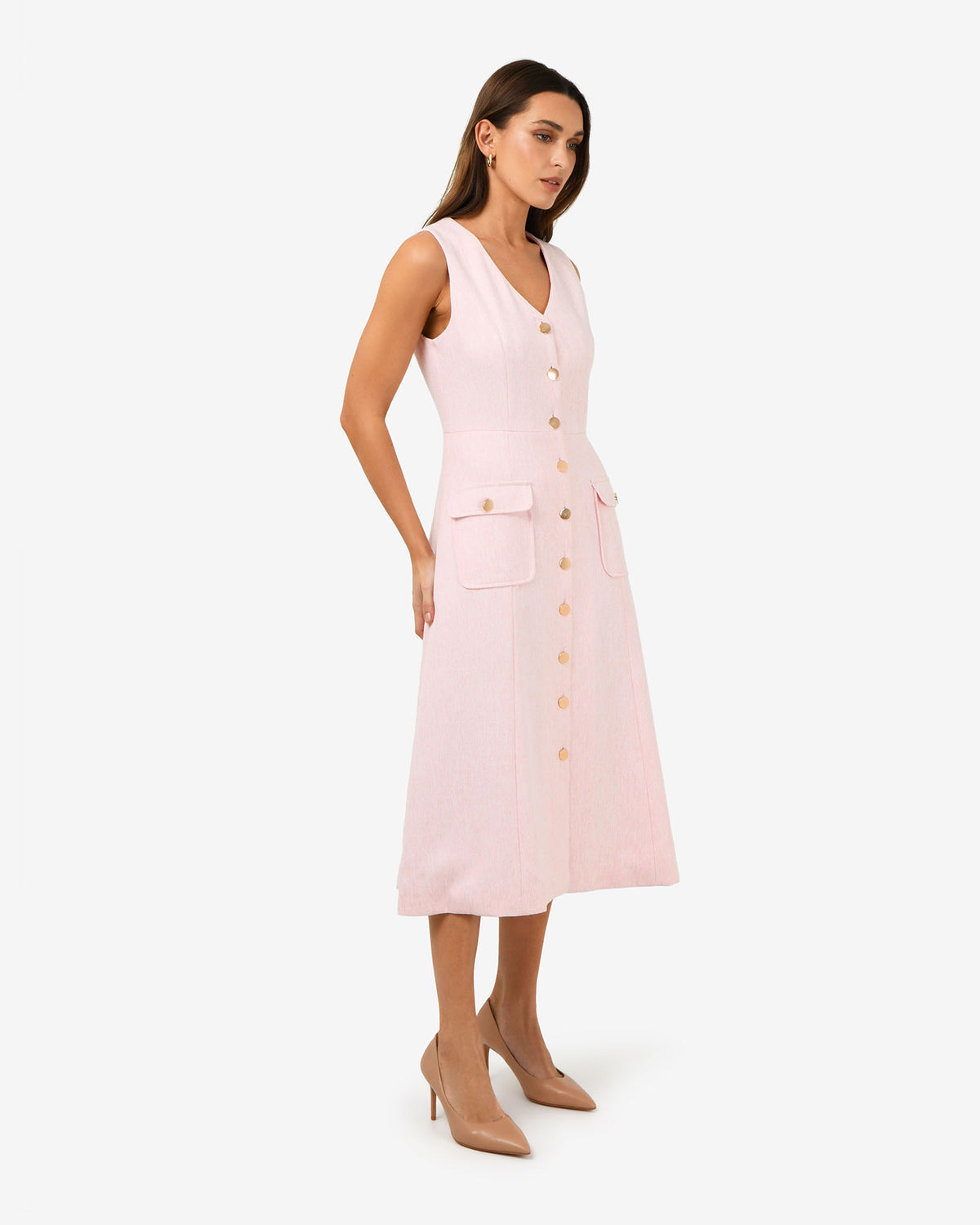 Valena Tweed Midi Dress in pastel pink — side view