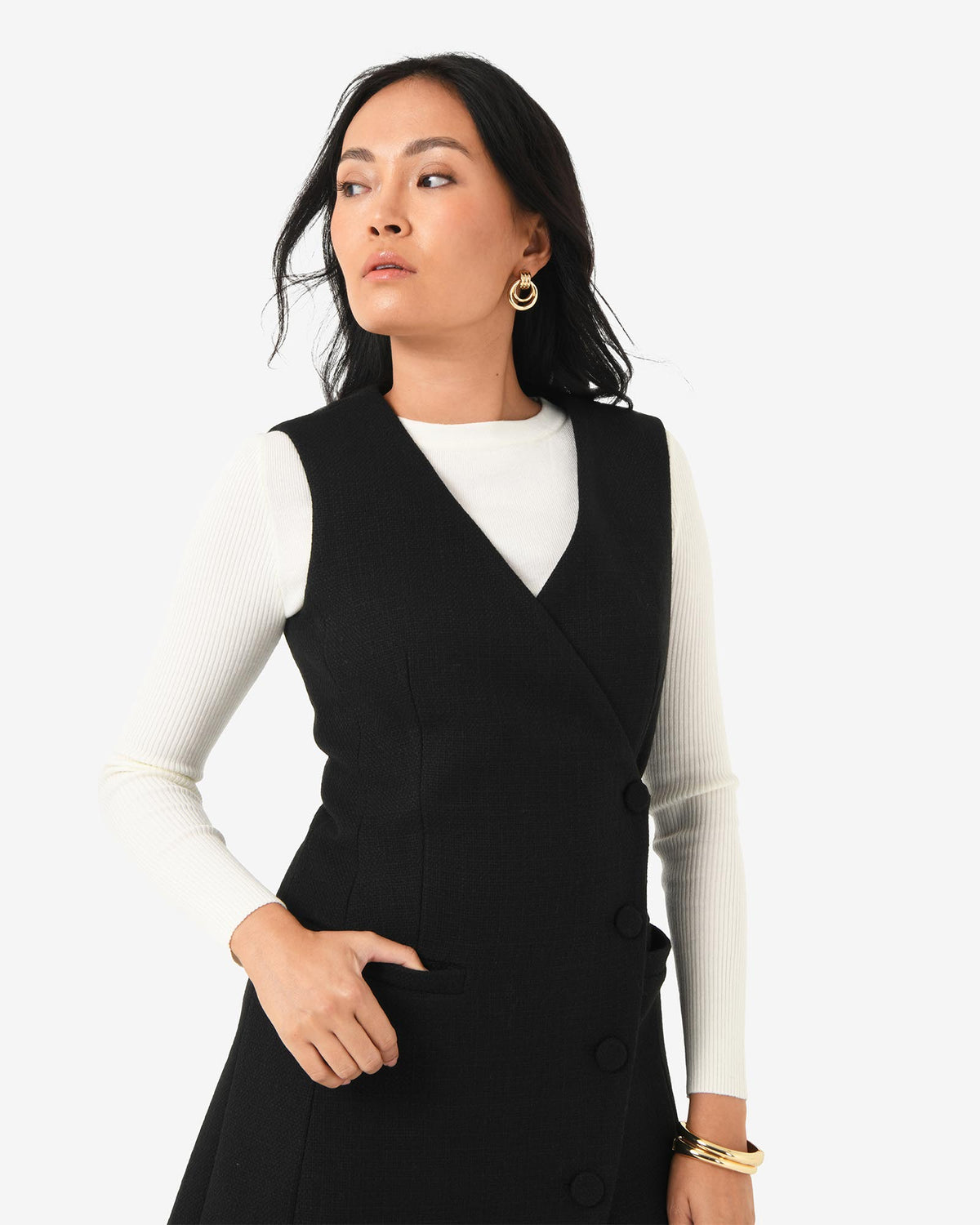 Beth Asymmetric Mini Dress in black — close-up view 2