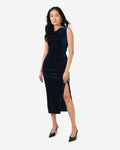 Cory Drape Midi Dress in navy — full-length view