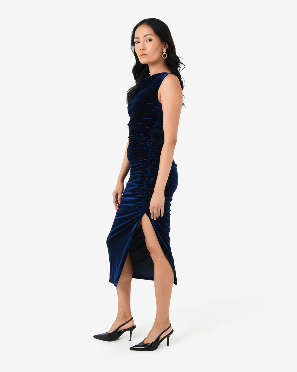 Cory Drape Midi Dress in navy — side view