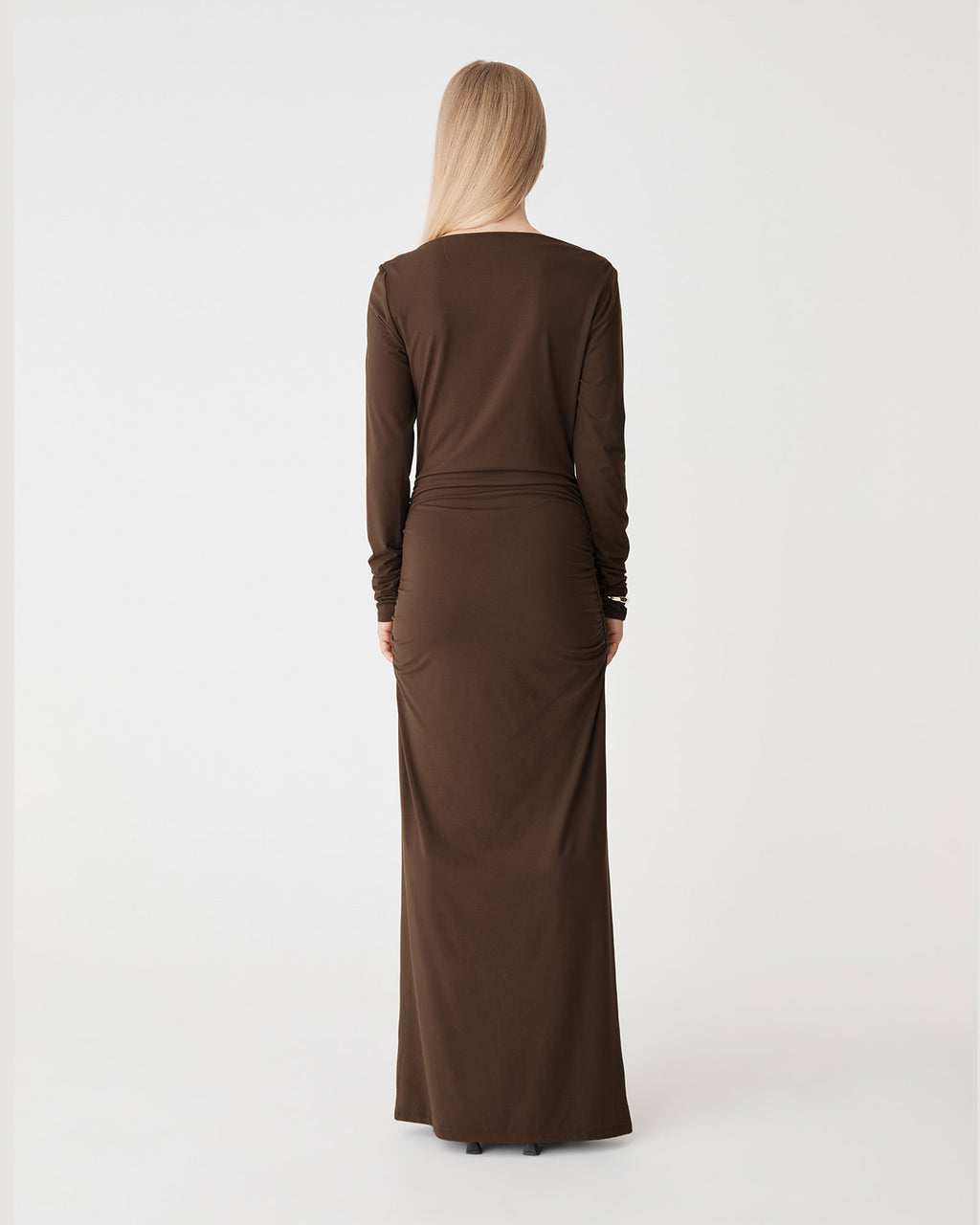 Isobel Bamboo Ruched Dress in espresso — back view