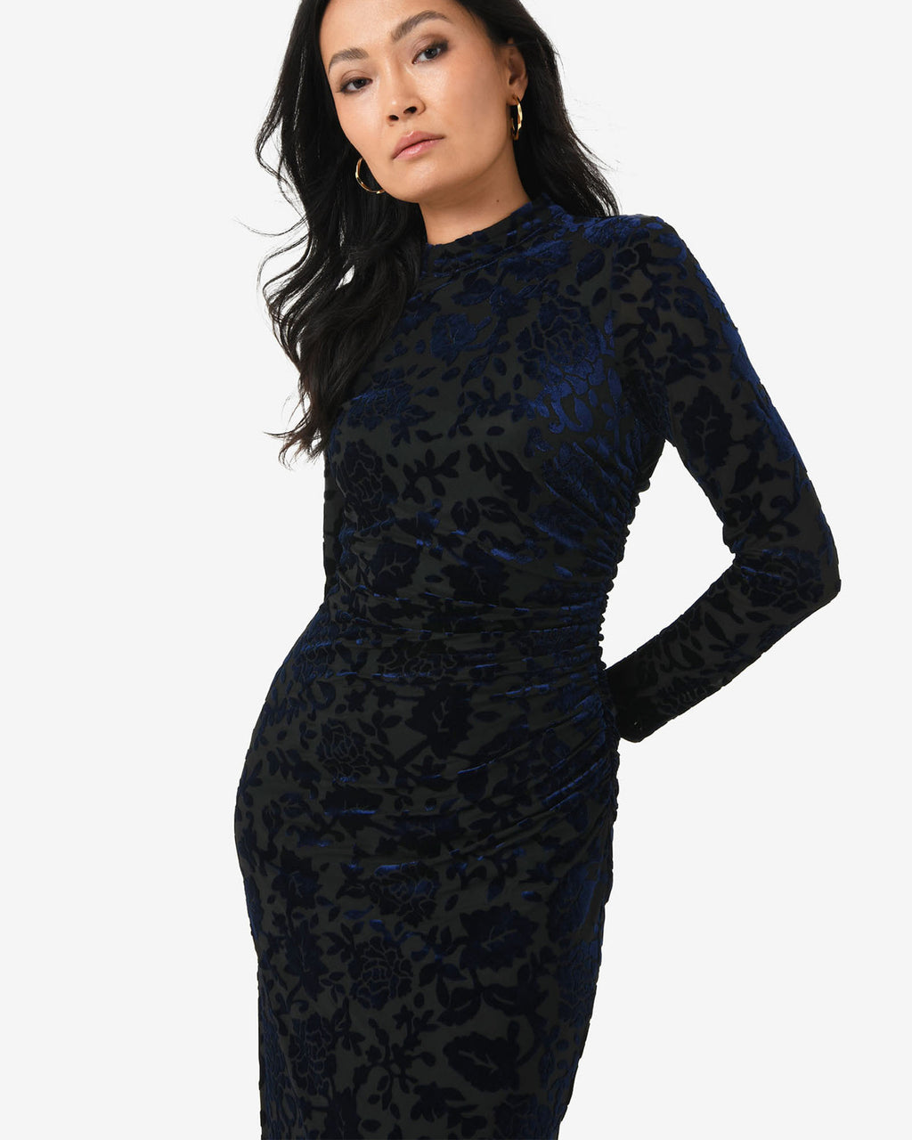 Sapphire Velvet Burnout Dress in blue velvet — close-up view