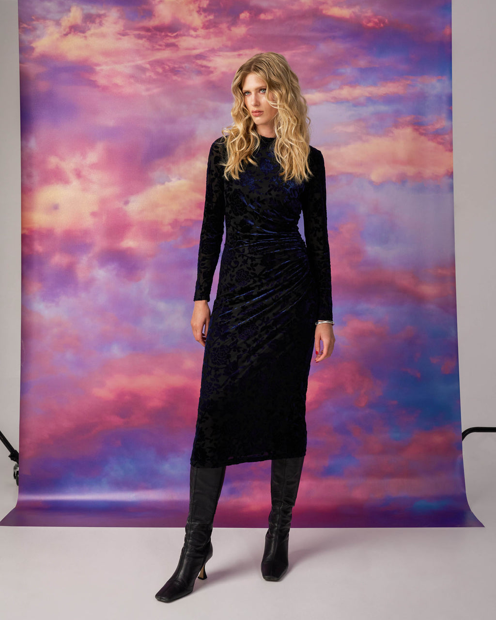 Sapphire Velvet Burnout Dress in blue velvet — alternate view