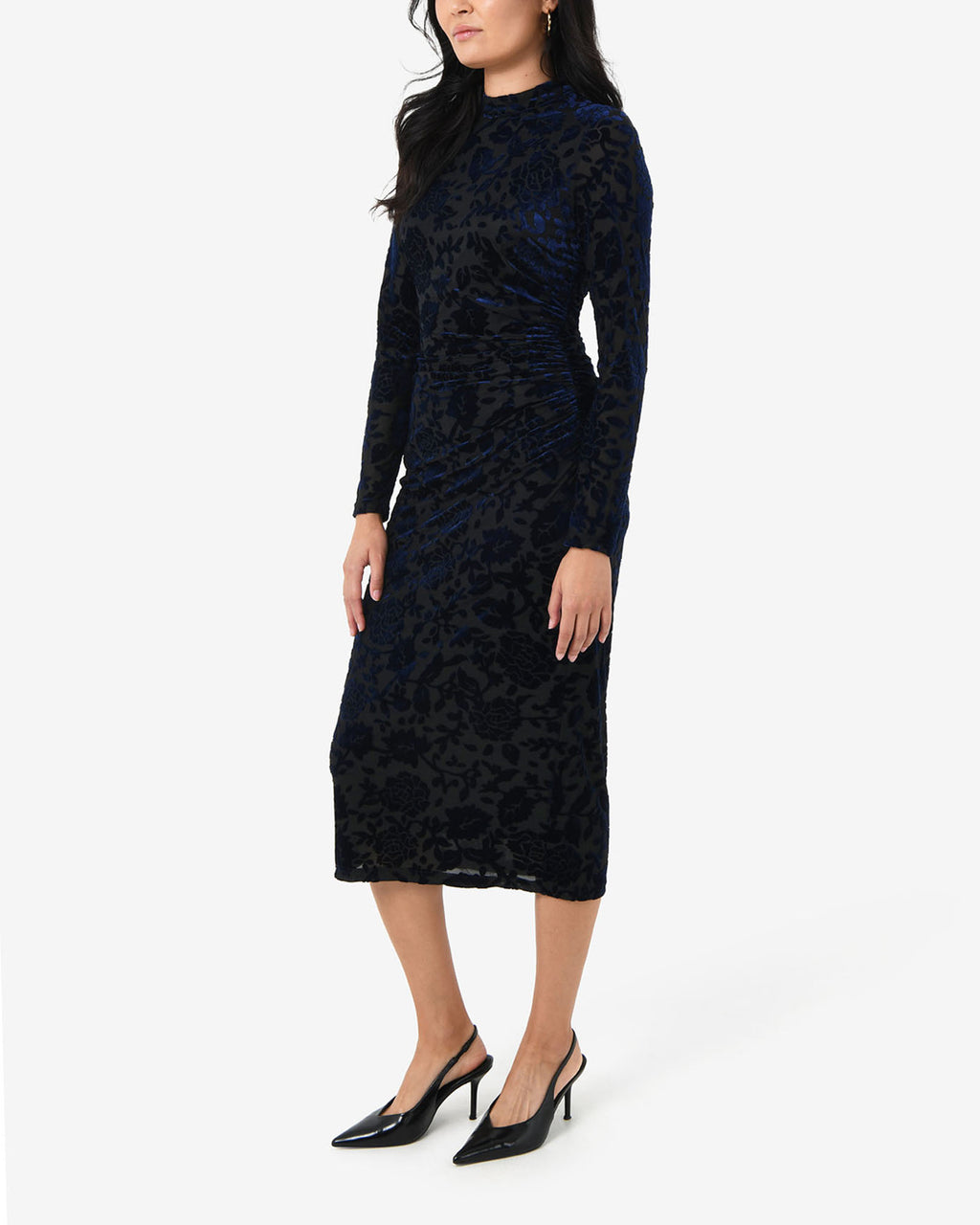 Sapphire Velvet Burnout Dress in blue velvet — side view