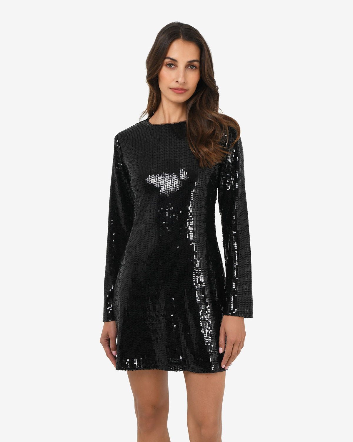 Mimi Shift Sequin Dress in black sequin — close-up view