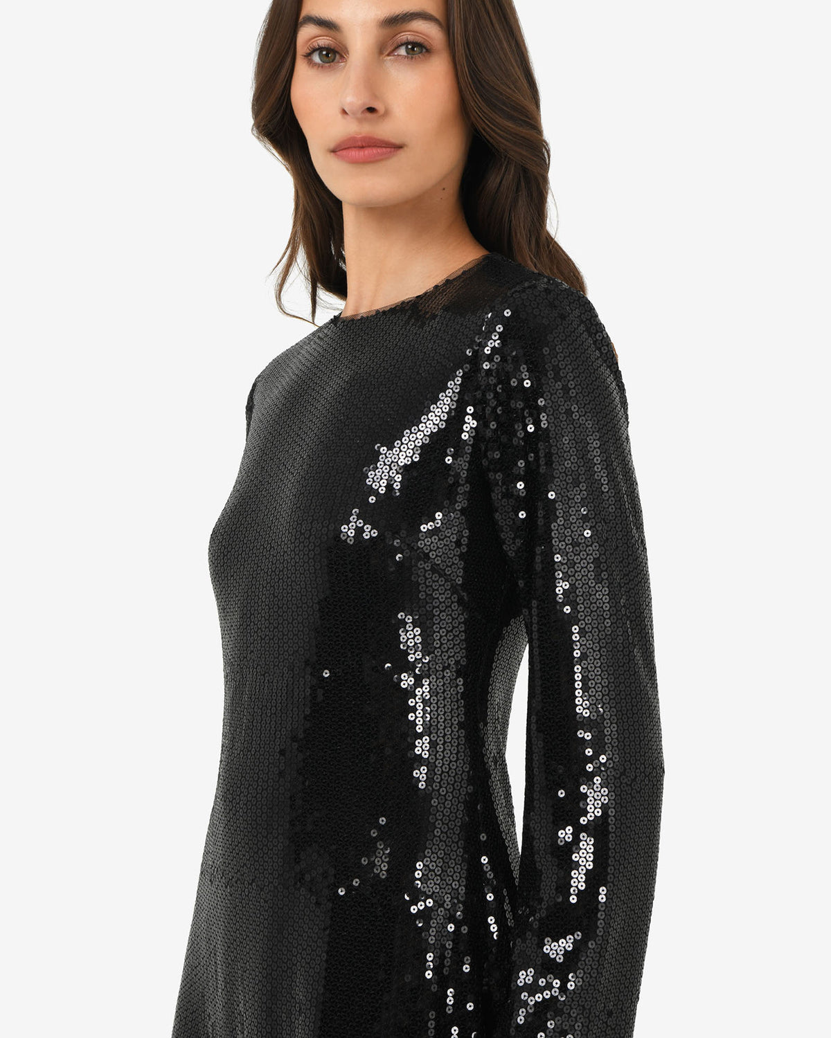 Mimi Shift Sequin Dress in black sequin — fabric detail