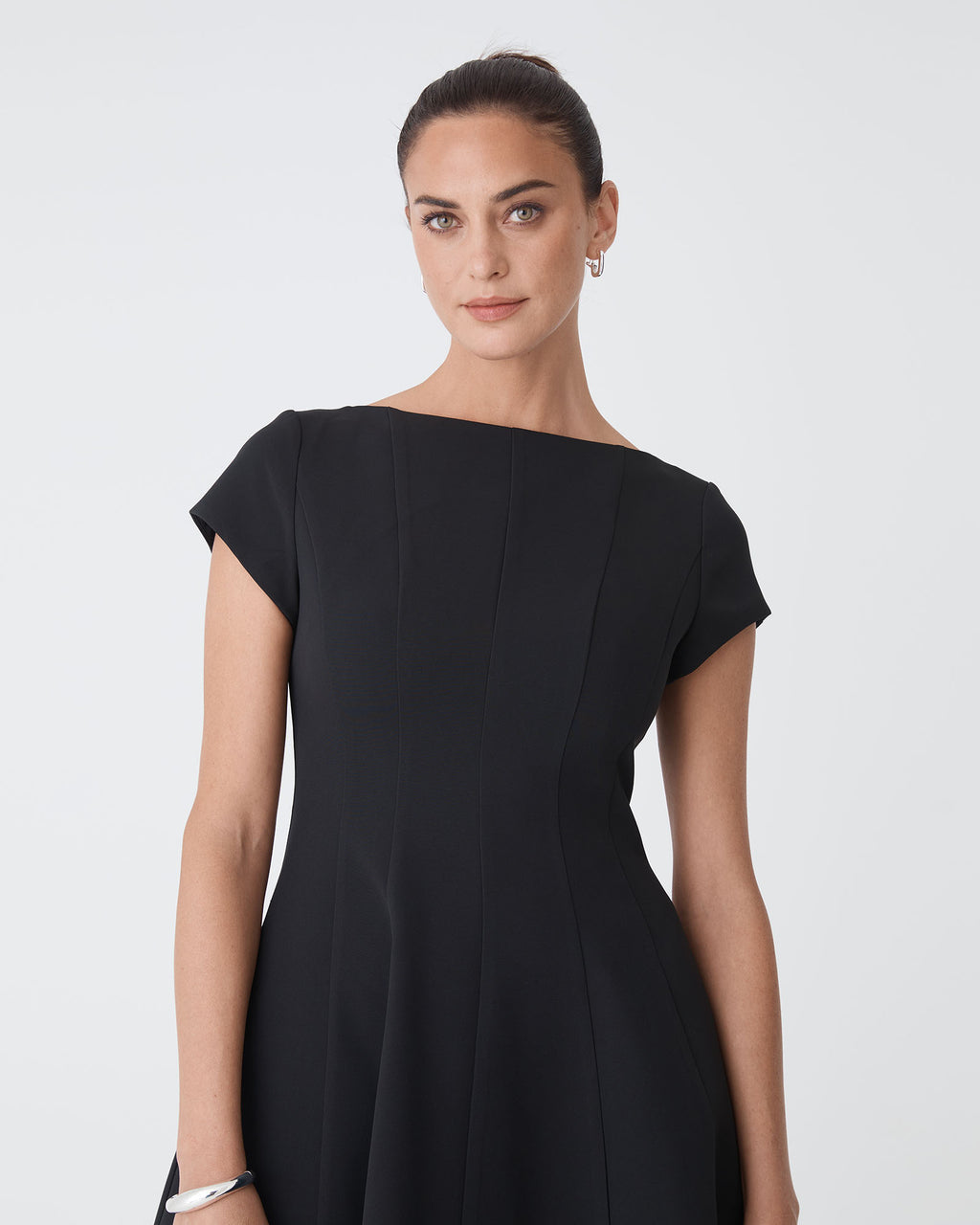 Darcy Short Sleeve Panel Dress in black — fabric detail