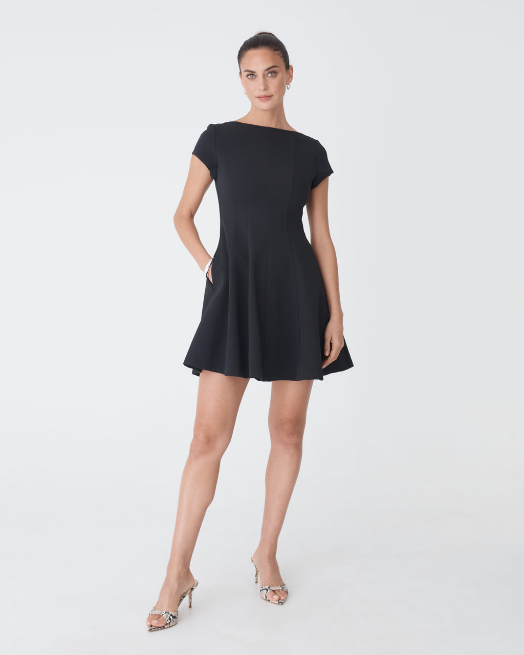 Darcy Short Sleeve Panel Dress in black — full-length view 2