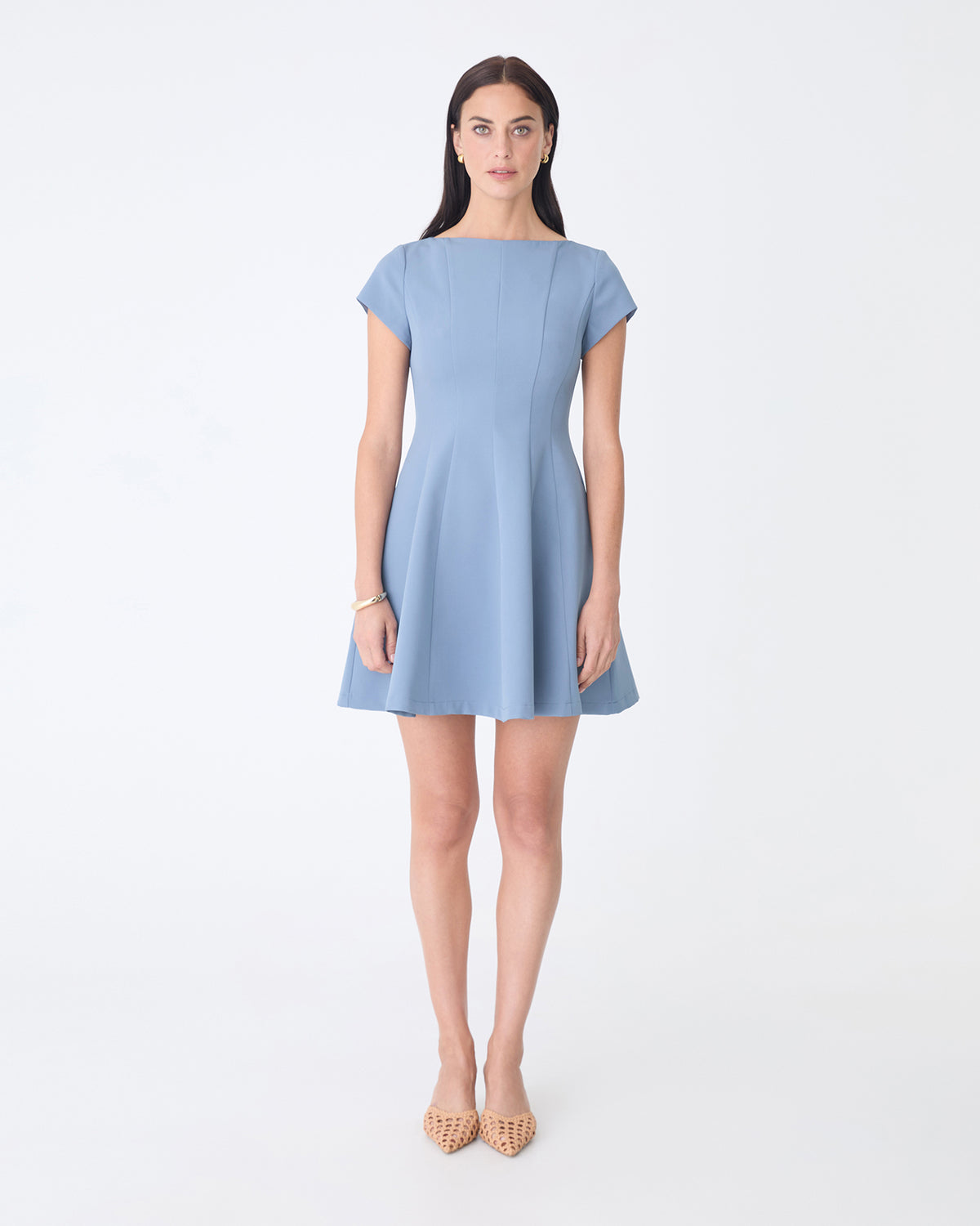 Darcy Short Sleeve Panel Dress in dusk blue — full-length view