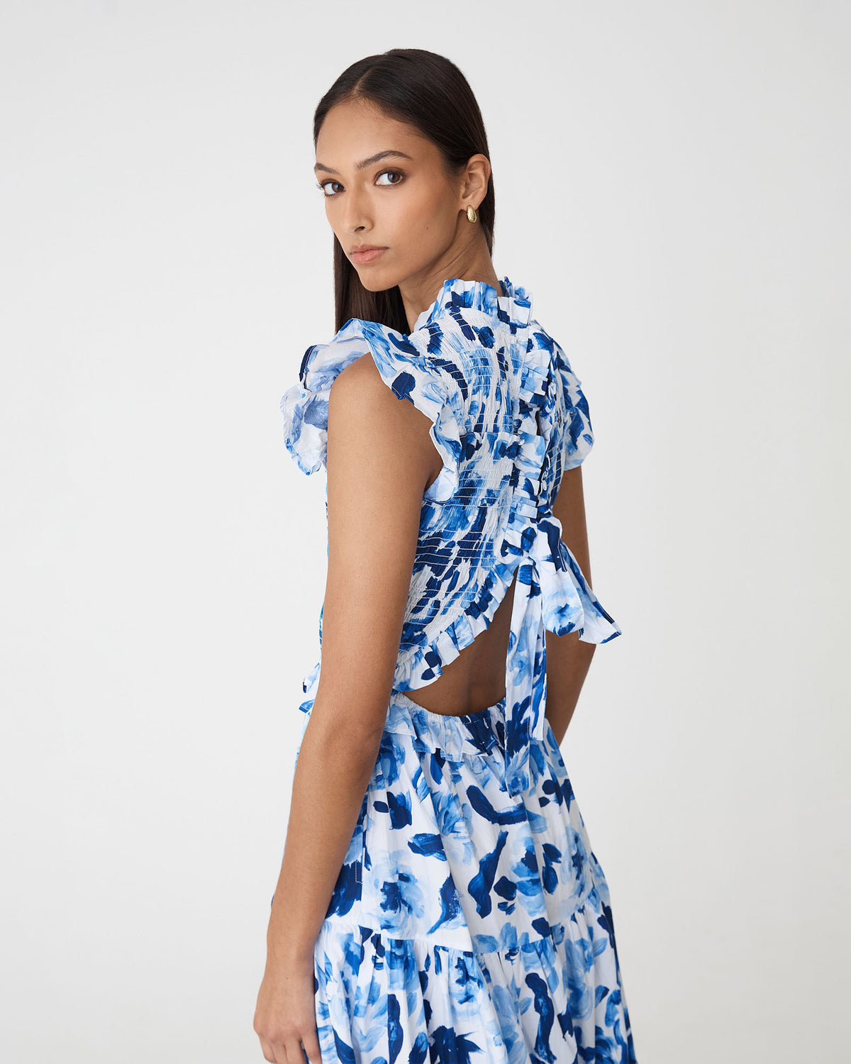 Georgia Cotton Poplin Dress in blue ivory — back view