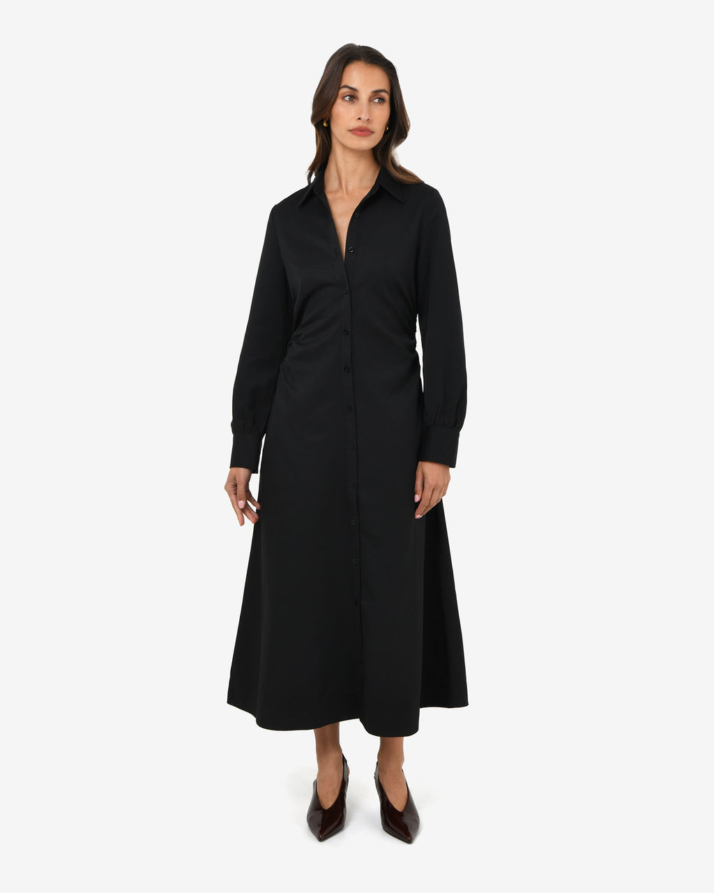 Lune Ruched Shirt Dress in black — full-length view