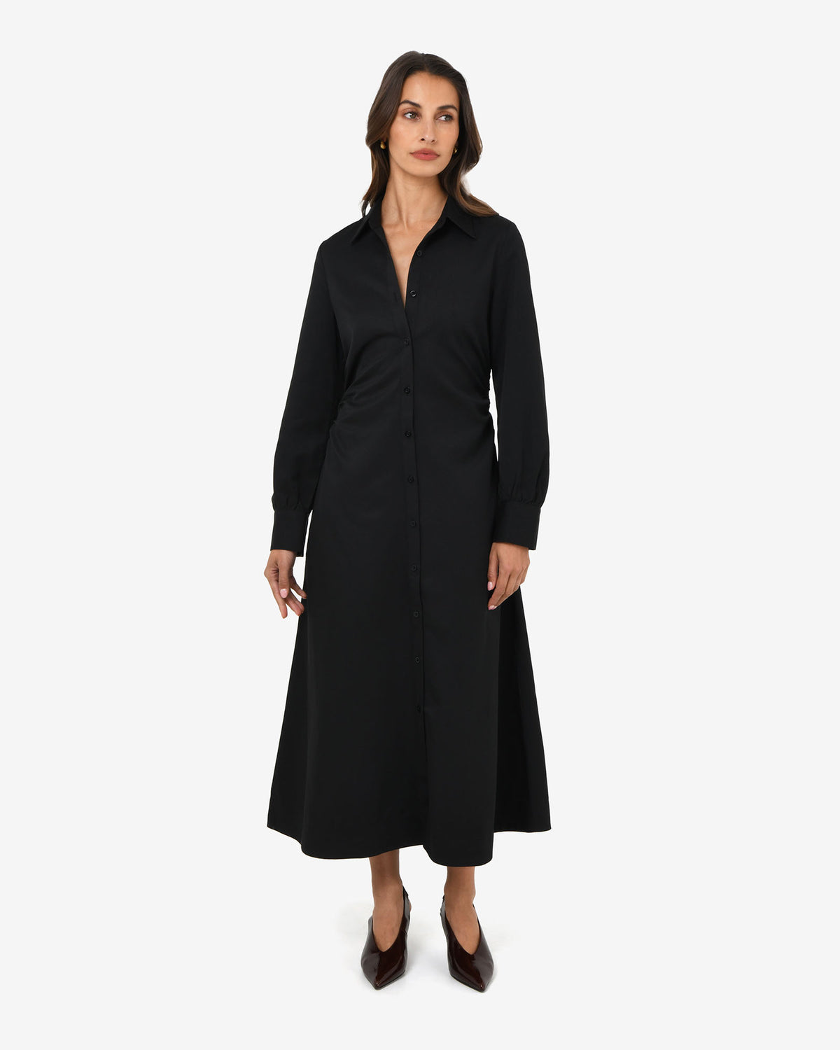 Lune Ruched Shirt Dress in black — full-length view