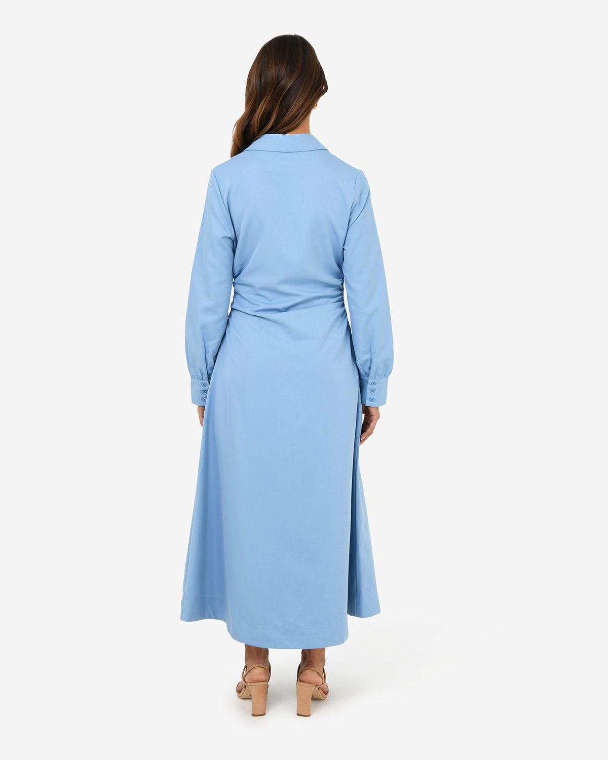 Lune Ruched Shirt Dress in dusk blue — back view