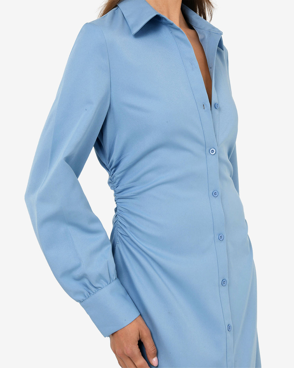 Lune Ruched Shirt Dress in dusk blue — fabric detail