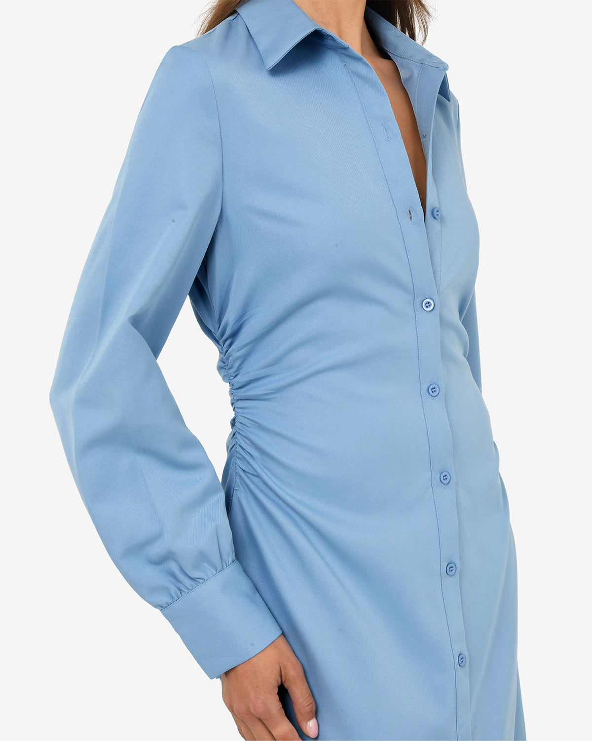 Lune Ruched Shirt Dress in dusk blue — fabric detail