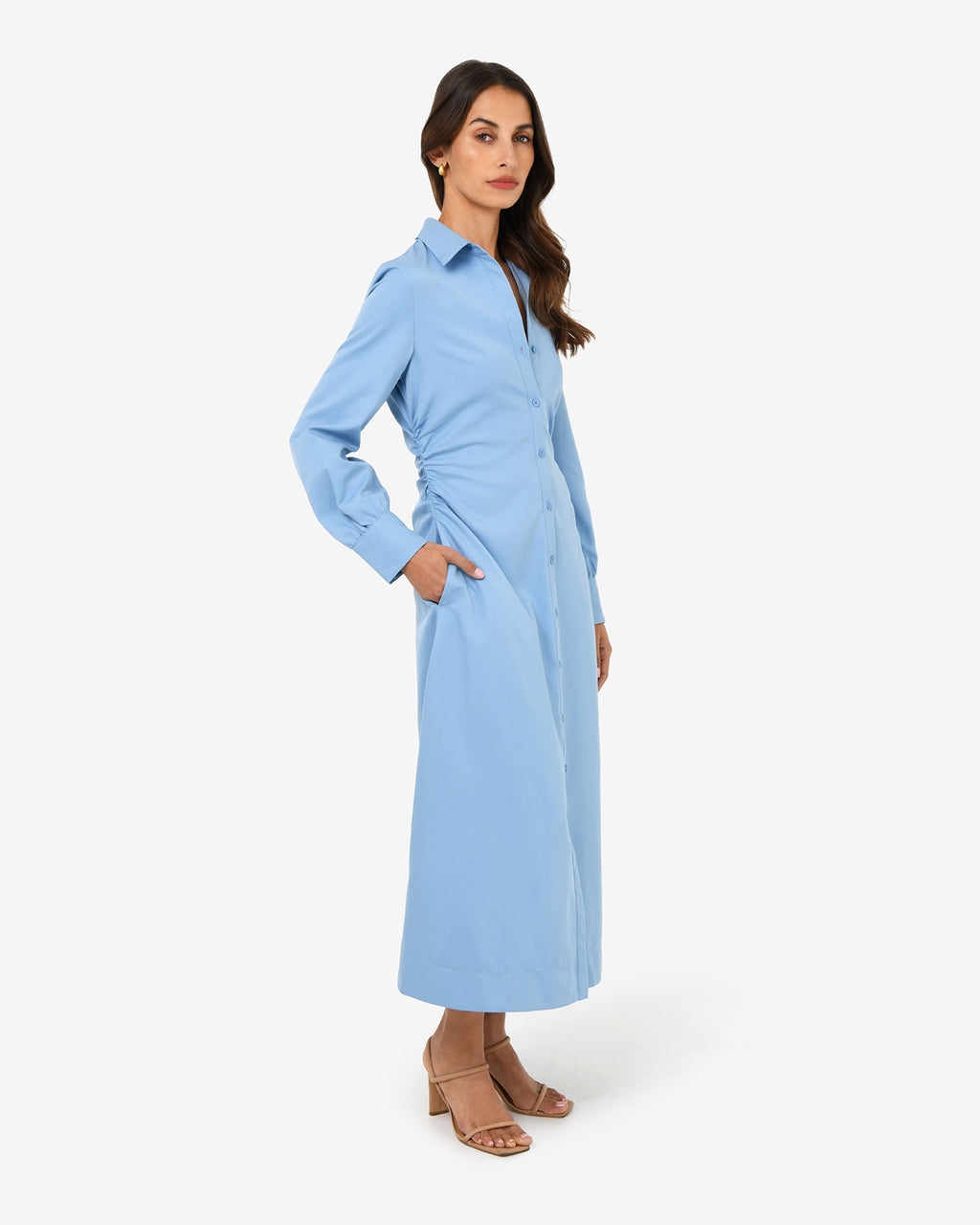 Lune Ruched Shirt Dress in dusk blue — side view